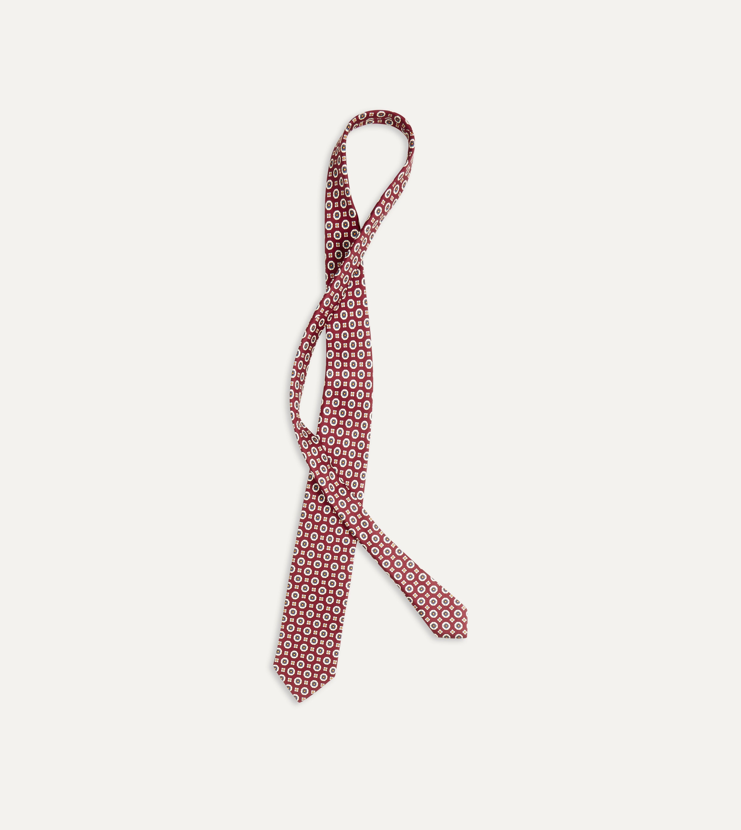 Elegant Red and Blue Geometric Medallion Print Silk Foulard Tie for Men | Premium Necktie for Business, Weddings & Formal Occasions
