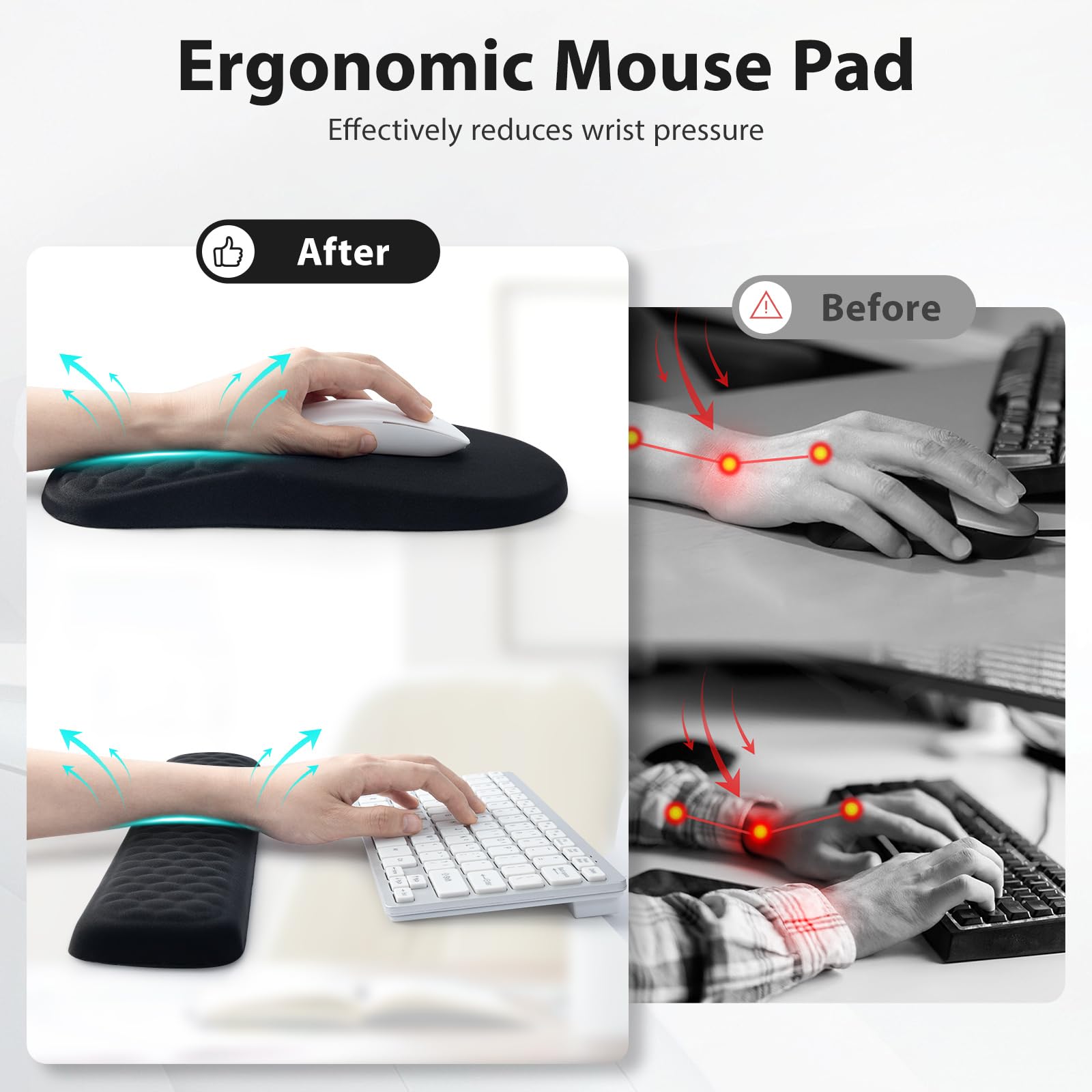 3 in 1 Ergonomic Wrist Rest for Keyboard and Mouse - Non-Slip Desk Mouse Pad with Wrist Support, Keyboard Wrist Rest & Mouse Pad Set with Massage Design (Black) | Perfect for Office, Gaming & Computer Workstations