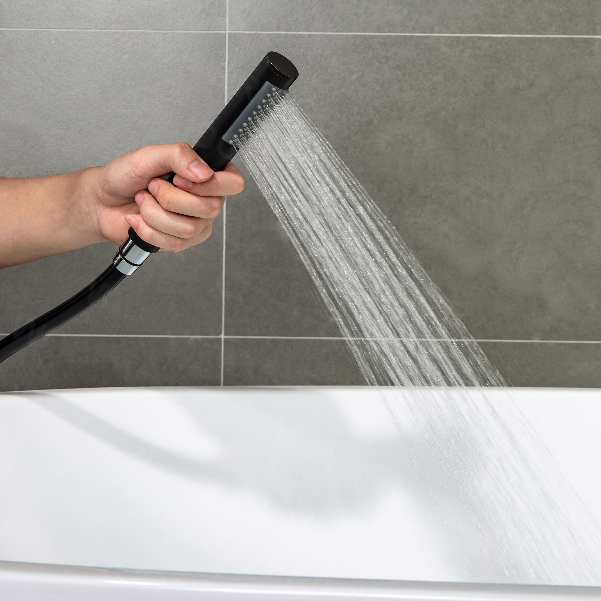 WOODBRIDGE F0006BL Matte Black Freestanding Tub Filler Faucet with Hand Shower - Contemporary Single Handle Floor Mount Bathtub Faucet for Modern Bathroom & Spa Relaxation