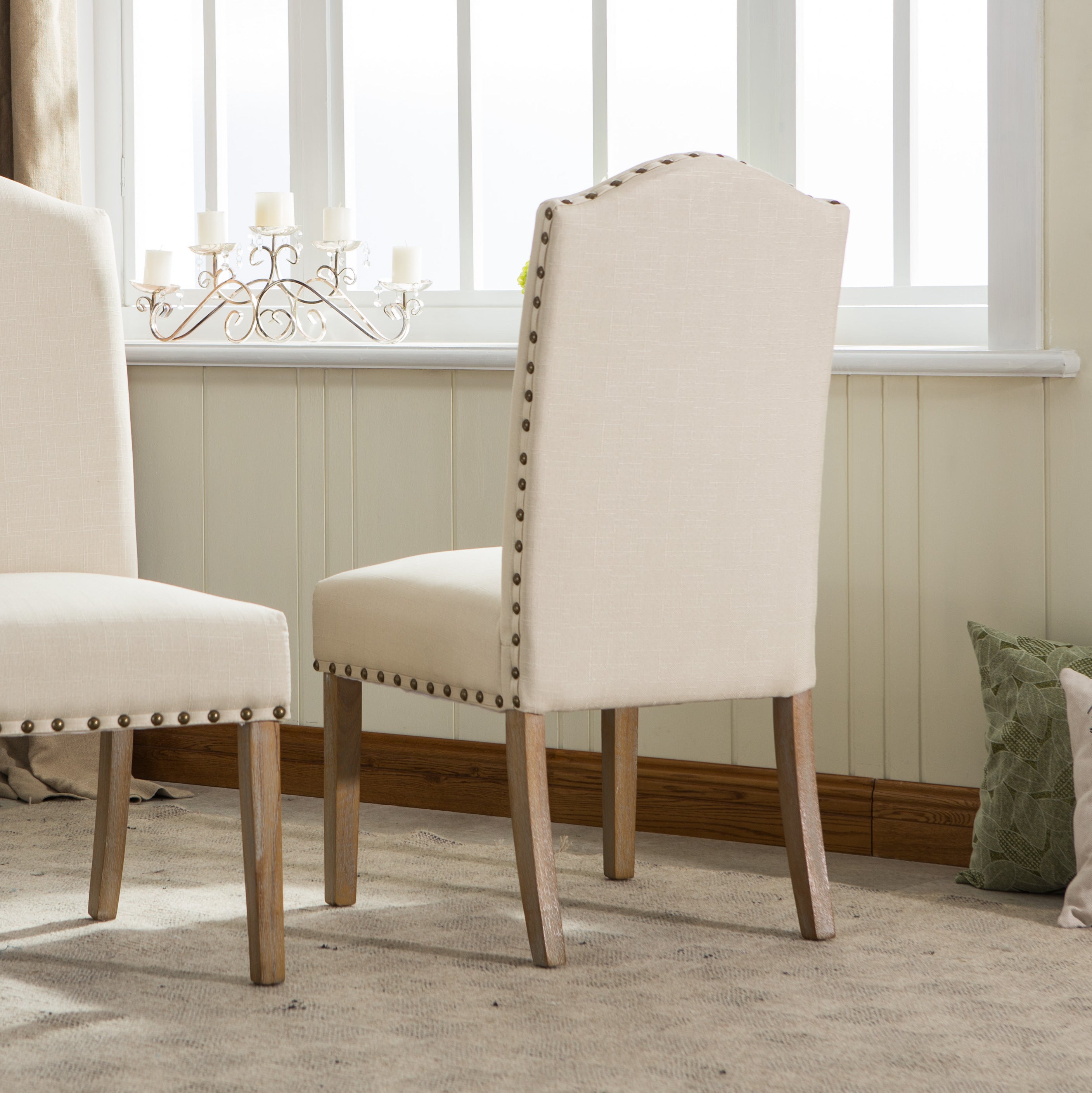 Roundhill Furniture Mod Urban Style Solid Wood Nailhead Fabric Padded Parson Chair, Tan, Set of 2 - Modern Dining Room Chairs for Kitchen, Breakfast Nook, or Home Office