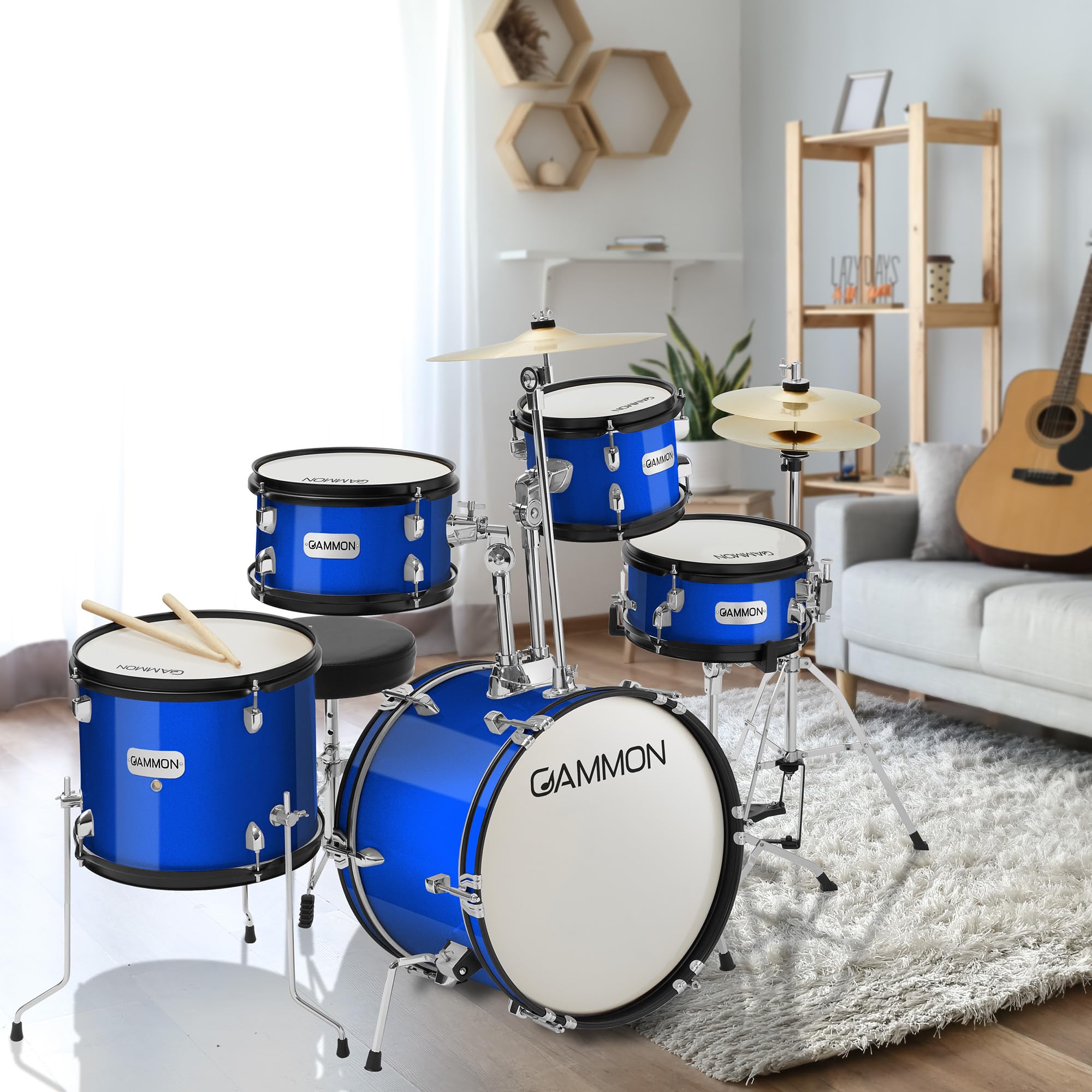 5-Piece Junior Starter Drum Kit with Cymbals, Hardware, Drum Sticks & Throne - Blue | Complete Kids Drum Set for Beginners | Perfect for Home Practice, Music Lessons & Birthday Gifts