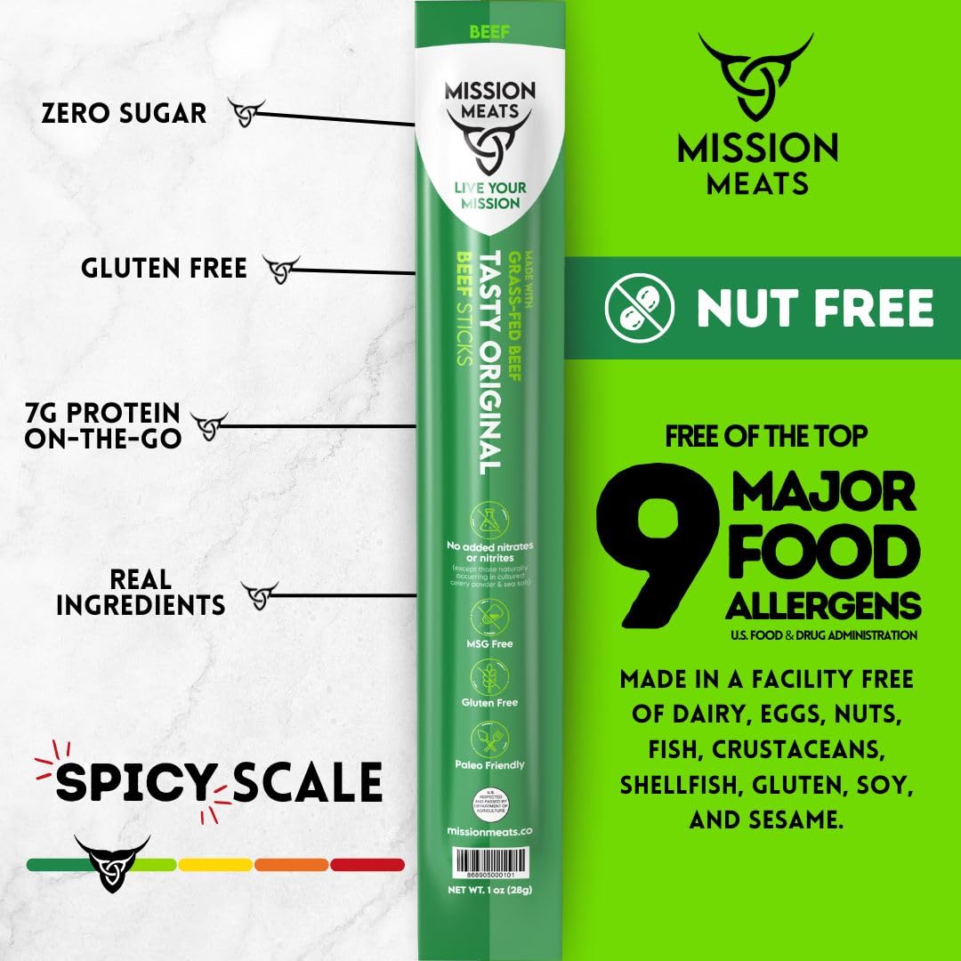 Mission Meats Beef Sticks - 100% Grass Fed & Pasture Raised Beef Jerky, Zero Sugar, Gluten Free, Keto & Paleo Friendly Snacks, Whole30 Approved, 1oz Individually Wrapped (Pack of 72) - Perfect for Hiking, Camping & On-the-Go Healthy Snacking