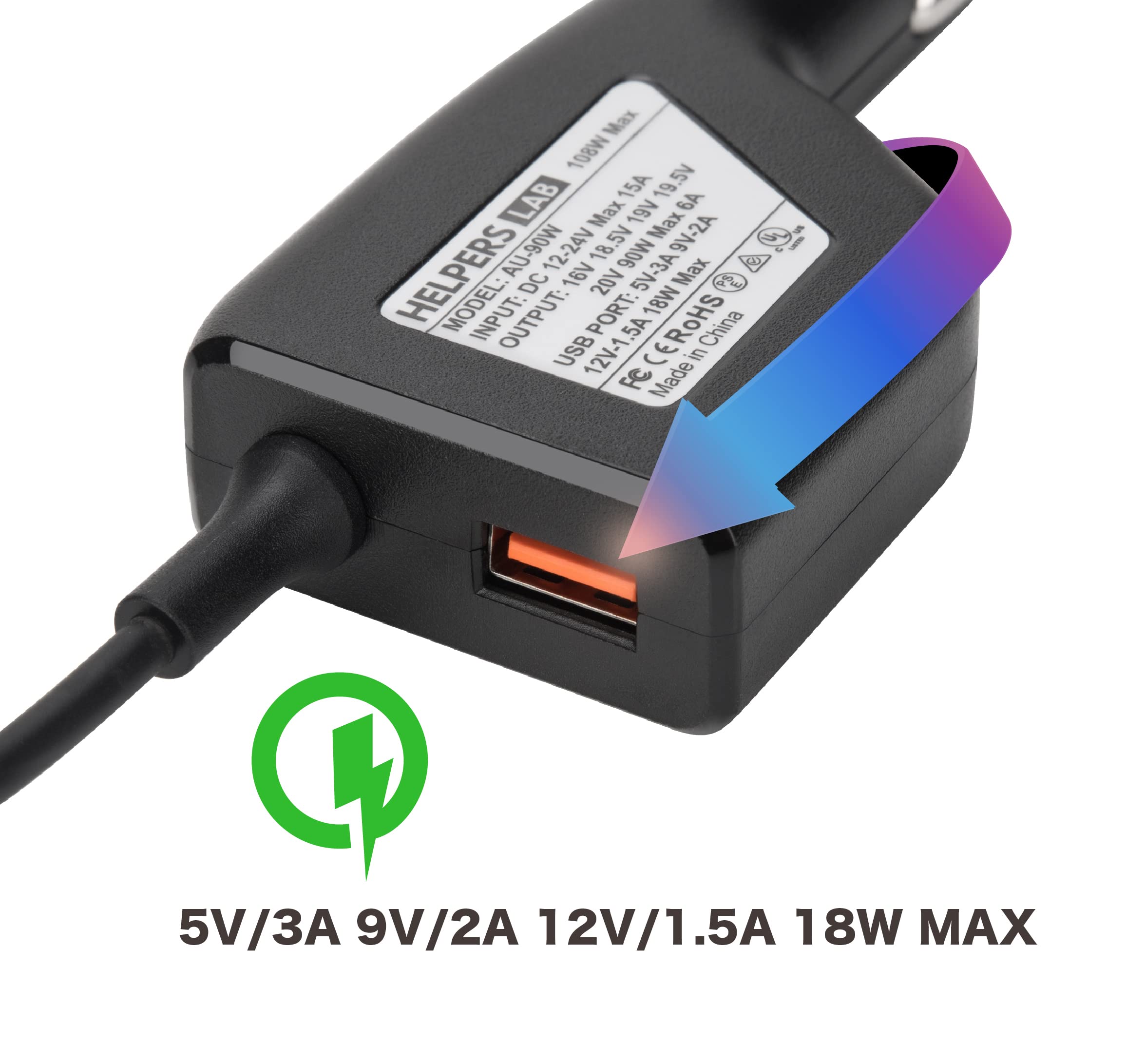 45W Fast Car Charger Adapter for Lenovo Yoga, ThinkPad X1 Carbon, Helix, Edge - 20V 2.25A USB-C Laptop Charger - Perfect for Travel, Business Trips & On-the-Go Charging