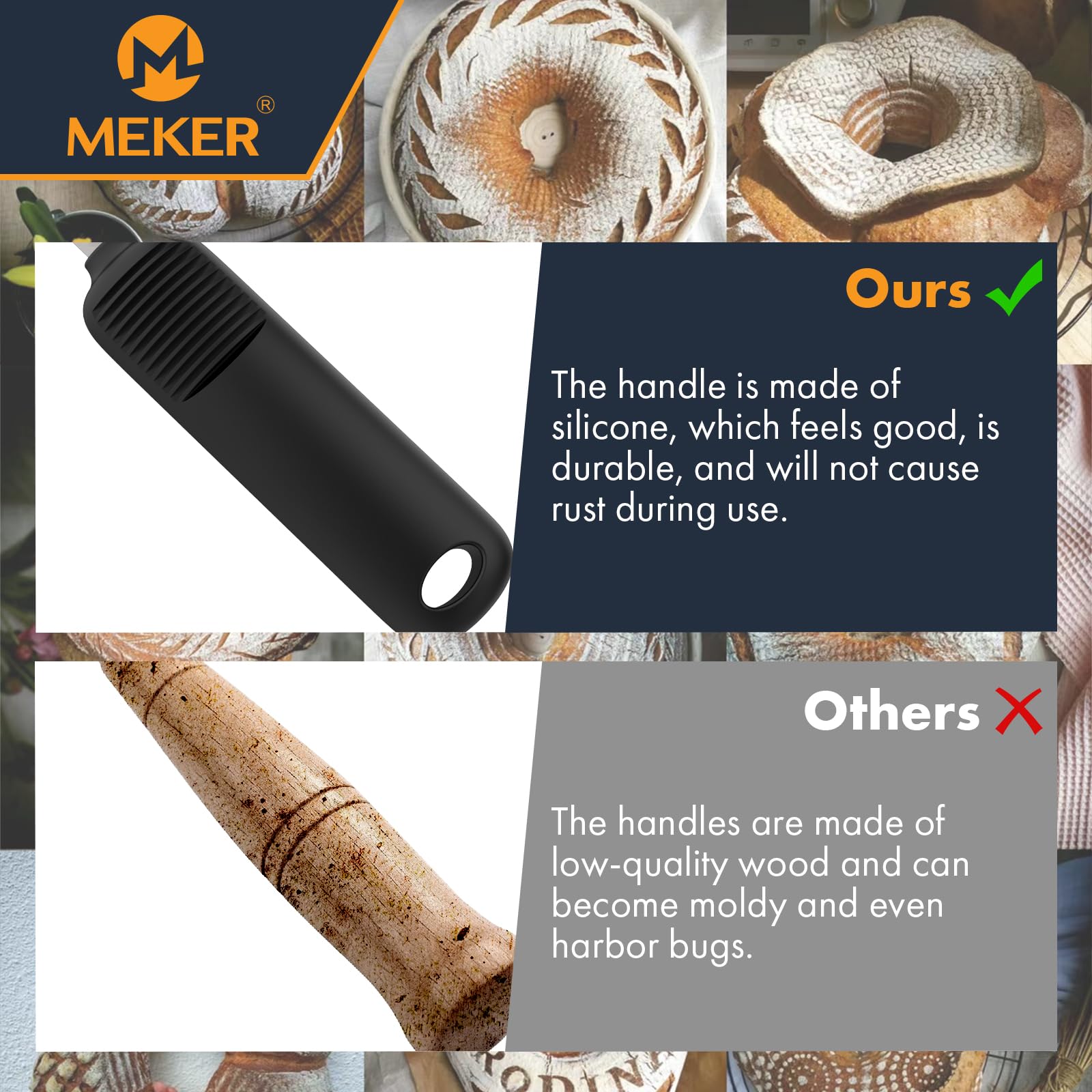 MEKER Professional Bread Lame for Sourdough Baking - Upgraded Silicone Handle Dough Scoring Knife with 10 Stainless Steel Blades & Leather Protector - Perfect for Artisan Bread Making, Home Baking & Pastry Decoration