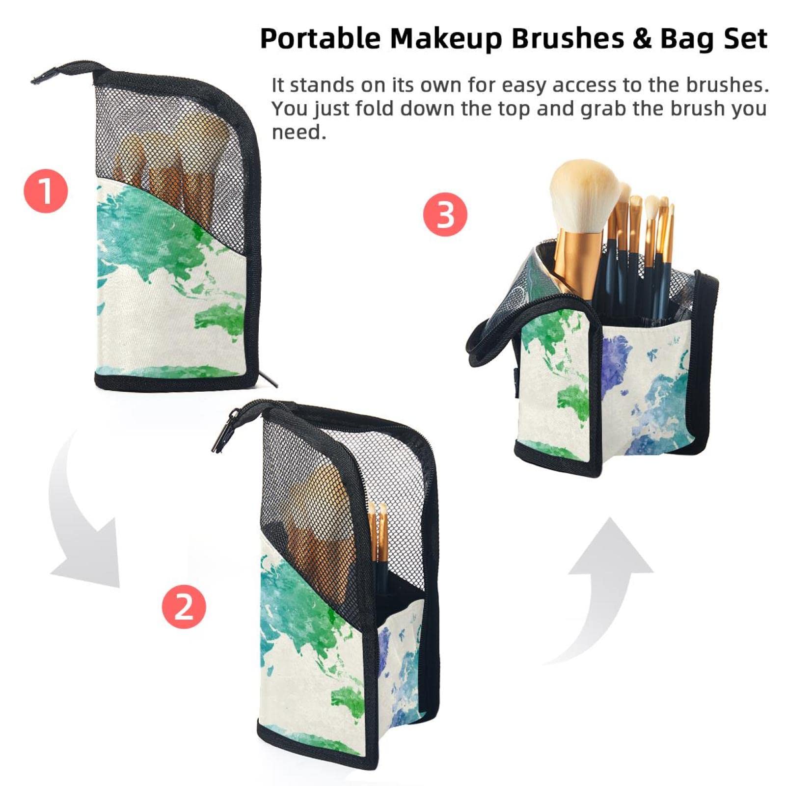 Watercolor World Map Makeup Brush Organizer Bag with 12 Brushes - Portable Cosmetic Brush Holder Case for Travel, Home Vanity & Professional Makeup Artists