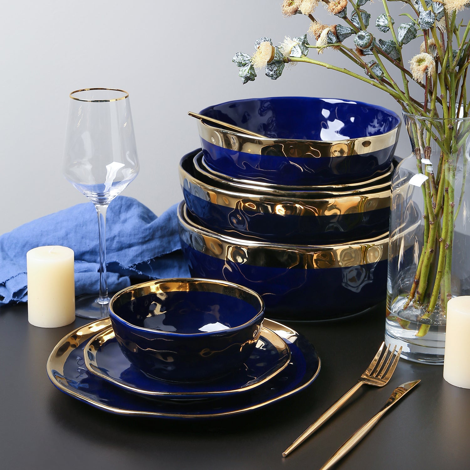 Premium Florian Porcelain Dinnerware Set - Navy Blue 16-Piece Dinner Plate Set for Formal Dining, Wedding Registry & Holiday Entertaining