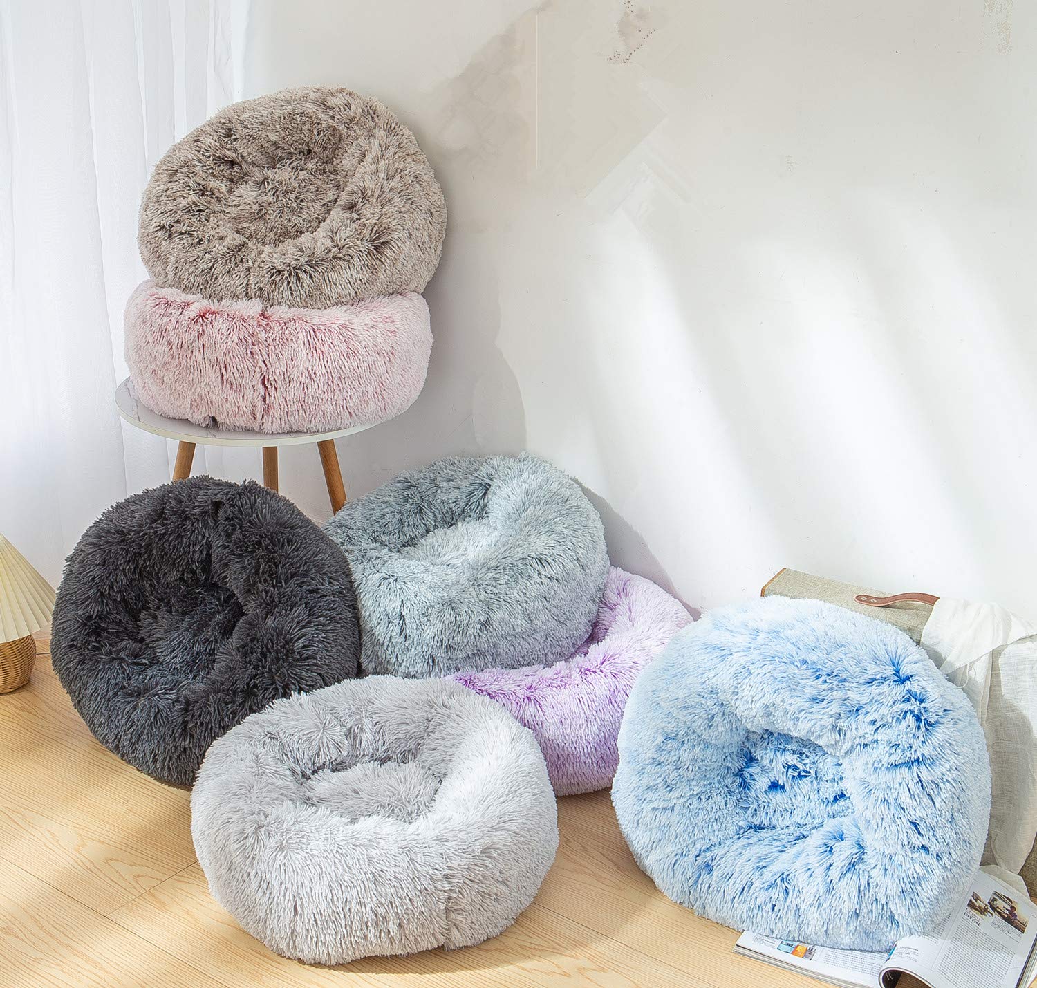 Plush Round Faux Fur Dog & Cat Bed - Self-Warming Calming Pet Cushion for Small Pets, Anti-Anxiety Cozy Bolster Bed (20