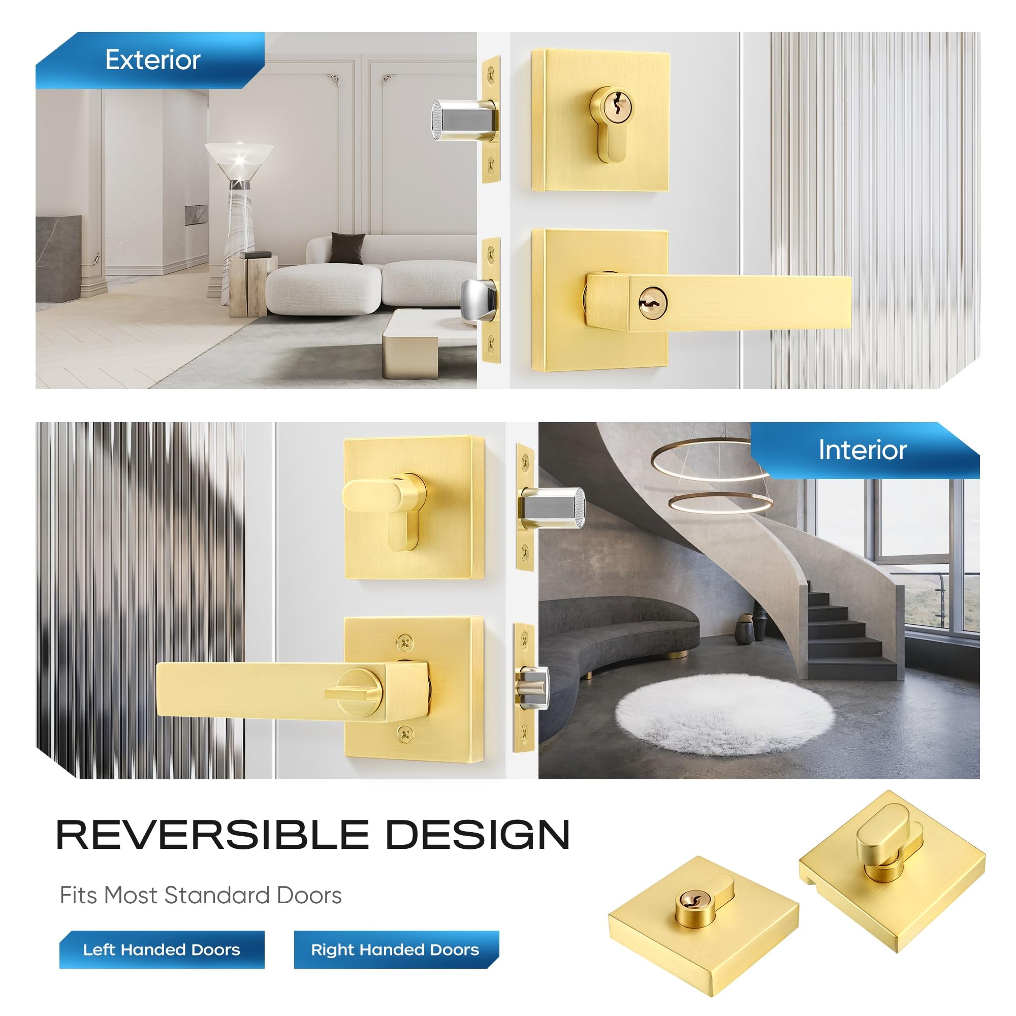 Leydebong 4-Pack Heavy Duty Front Door Handle & Deadbolt Set - Single Cylinder Keyed Alike Lever Door Handle for Office & Entrance Doors (Gold Finish) - Perfect for Home Security & Commercial Buildings