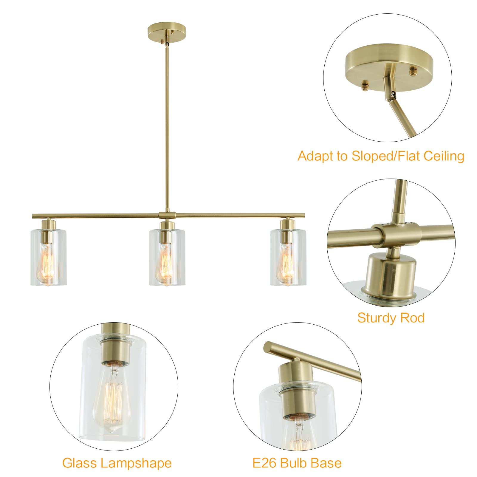 3-Light Industrial Linear Pendant Light Fixture with Clear Glass Shades - Gold Kitchen Island Hanging Chandelier for Dining Room, Washroom & Modern Home Decor | Perfect for Farmhouse, Loft & Contemporary Spaces