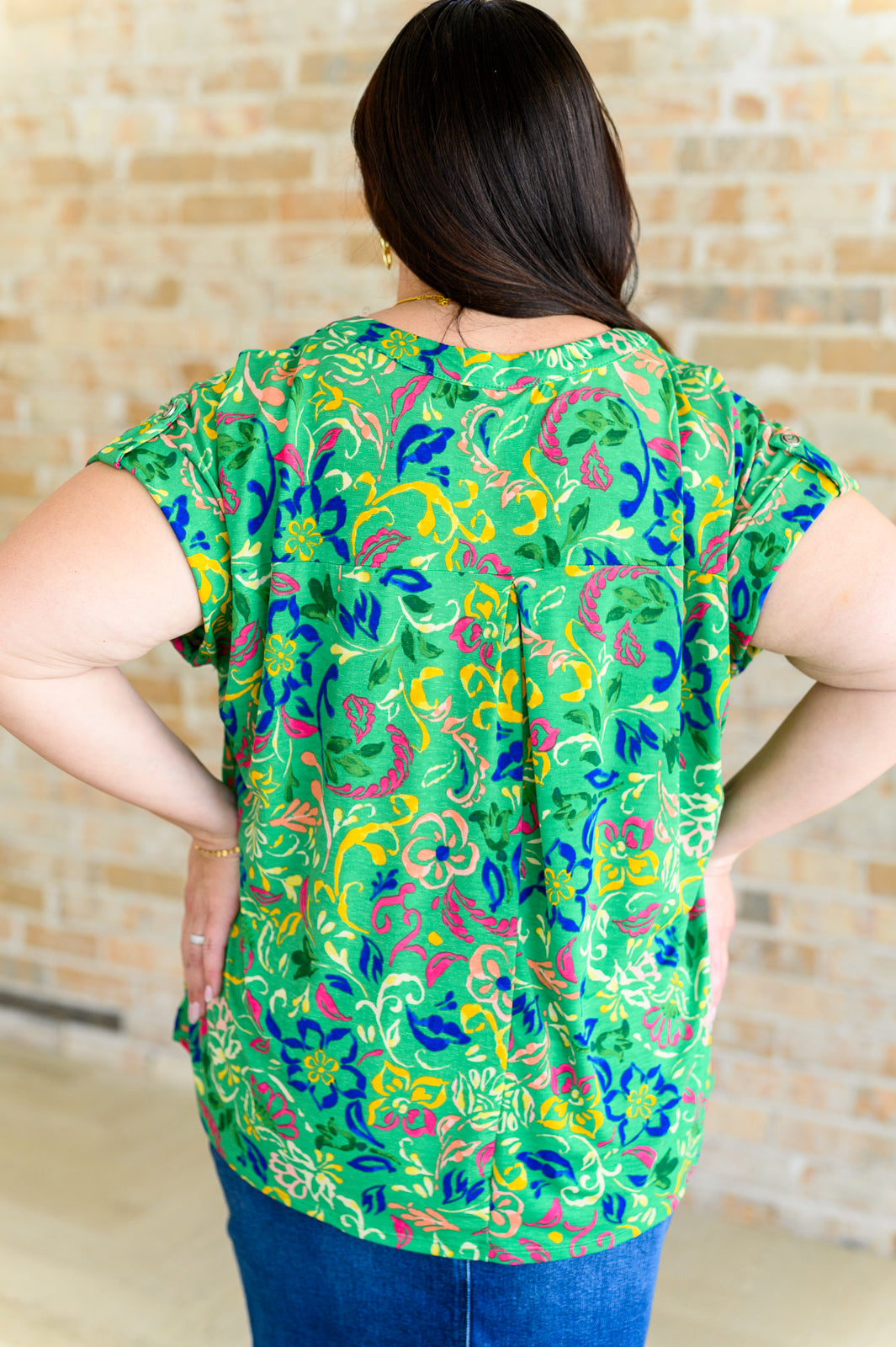 Lizzy Cap Sleeve Floral Blouse - Green & Royal Blue Watercolor Print Women's Tops | Casual Wear, Office Outfits & Summer Fashion