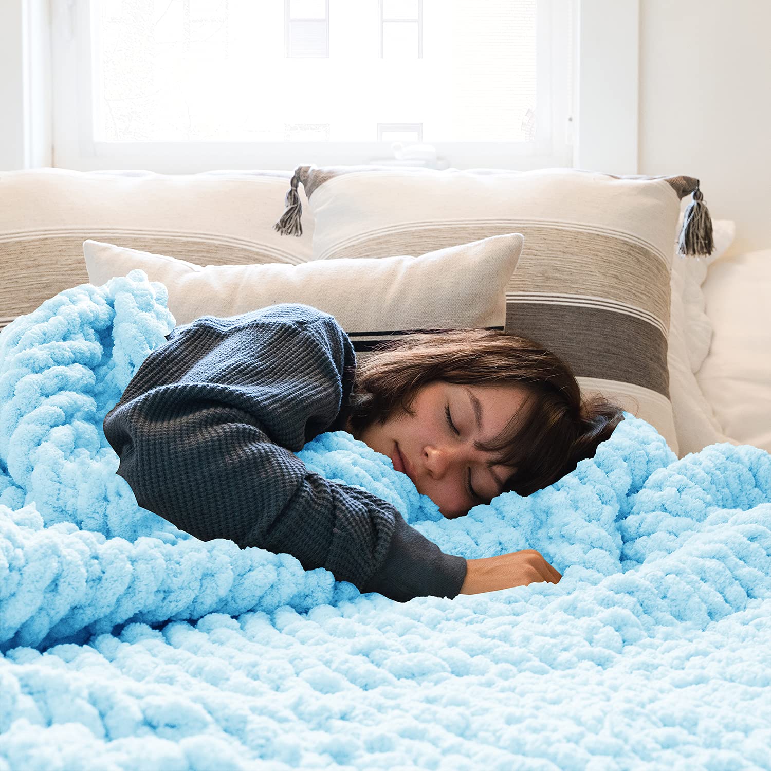 Handmade Chunky Knit Blanket - Ultra Soft & Warm Cable Knit Throw for Sofa, Bed, and Home Decor - Light Blue Queen Size 71x80 inches - Perfect for Cozy Evenings, Winter Nights, and Gift Giving