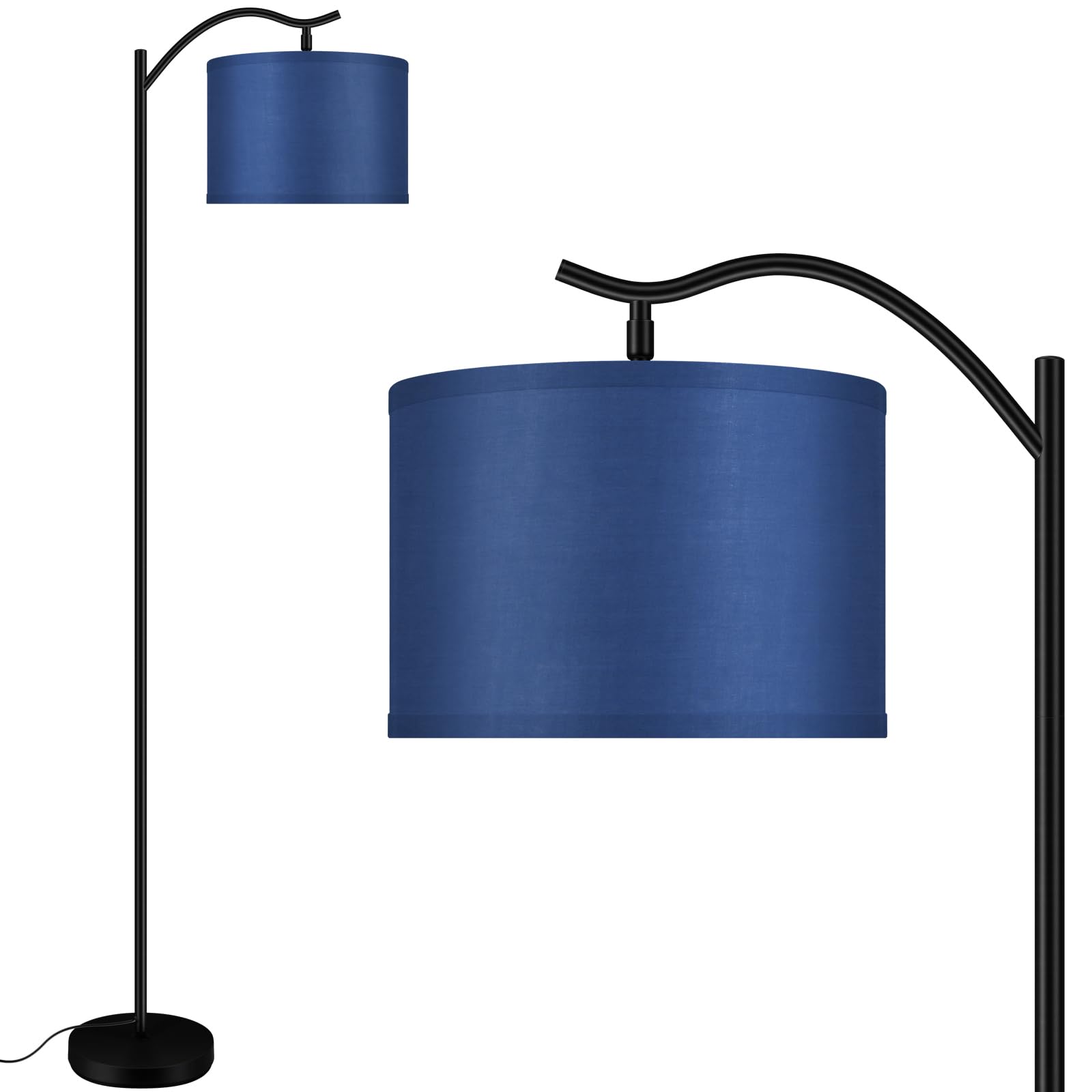 Modern LED Arched Floor Lamp with Blue Linen Shade - Tall Standing Light for Living Room, Bedroom, Office & Corner - E26 Socket & Footswitch - Mid Century Design for Home Decor & Reading Nook