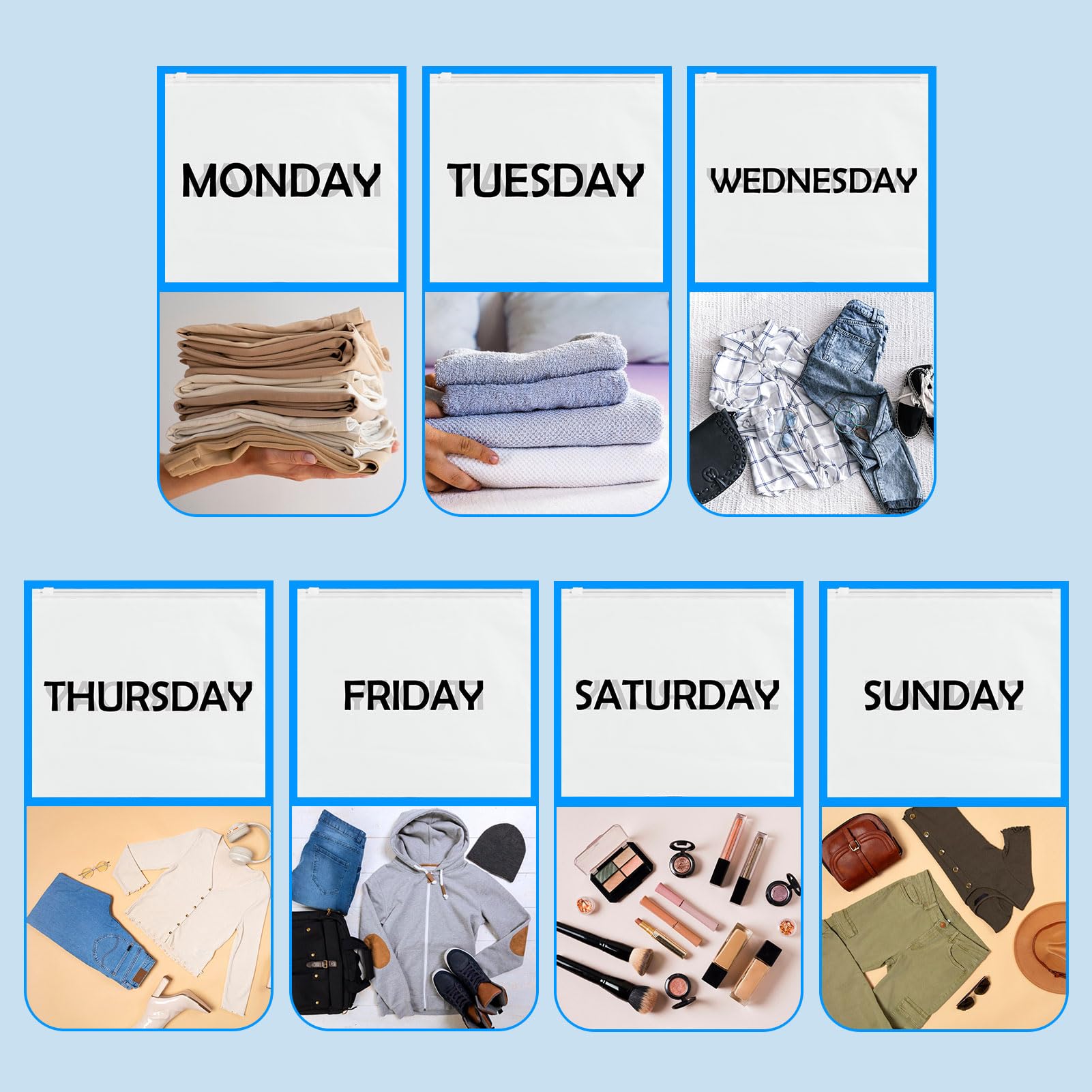14-Piece Days of the Week Packing Cubes Set - Lightweight Travel Organizer Pouches for Suitcases, Luggage & Home Storage | Perfect for Vacations, Business Trips & Closet Organization (Black)