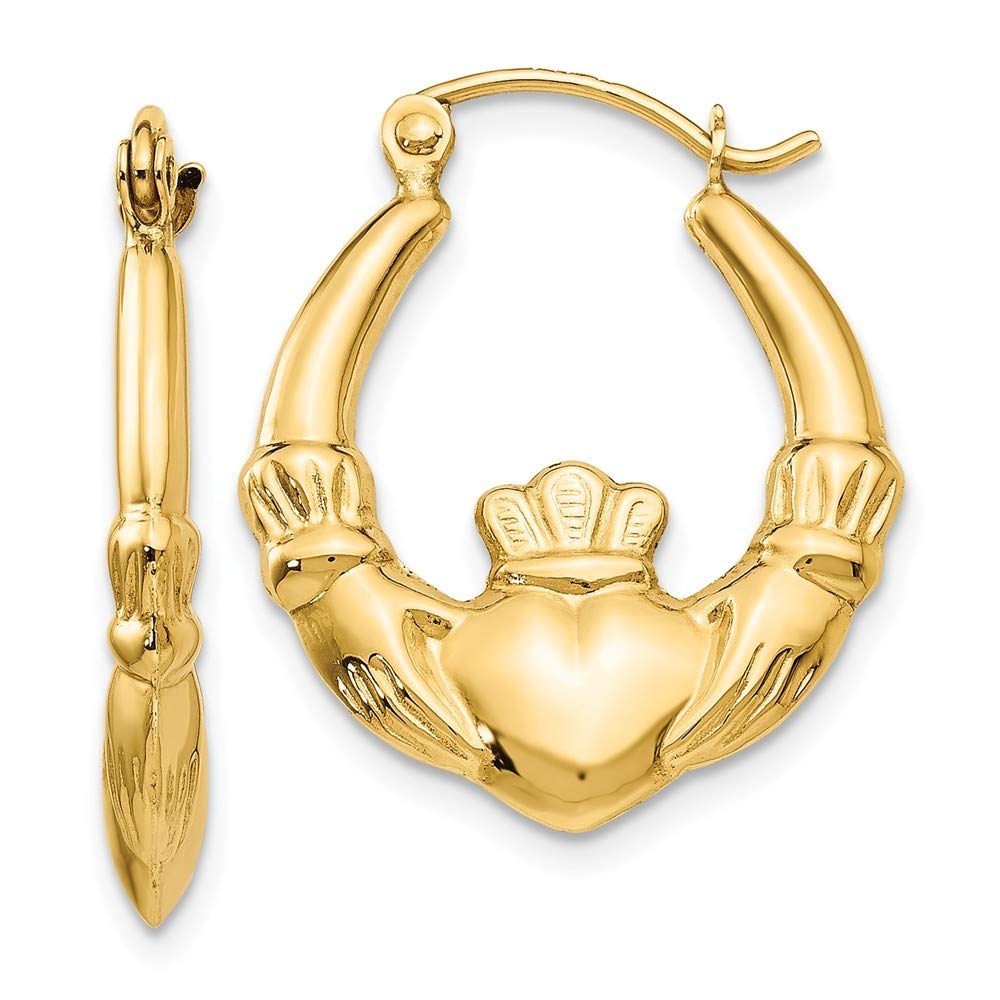 14K Yellow Gold Polished Claddagh Hoop Earrings - 12mm Length - Irish Celtic Love Friendship Loyalty Jewelry - Perfect for Weddings, Anniversaries & Gifts
