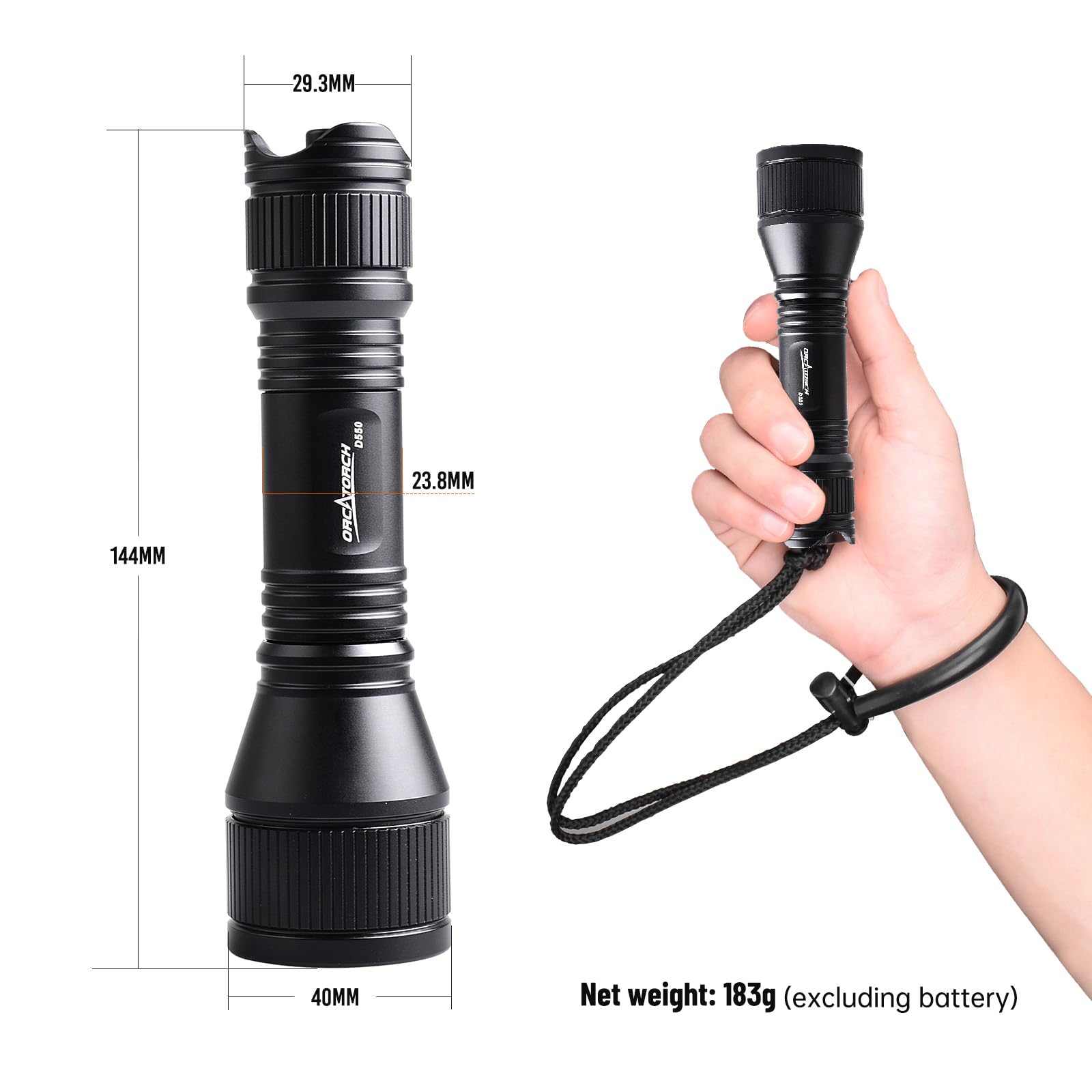 ORCATORCH D550 1000 Lumens Scuba Diving Flashlight - IP68 Waterproof Dive Light with 3 Modes & Wrist Mount for Underwater Exploration, Night Diving, Spearfishing, and Marine Sports