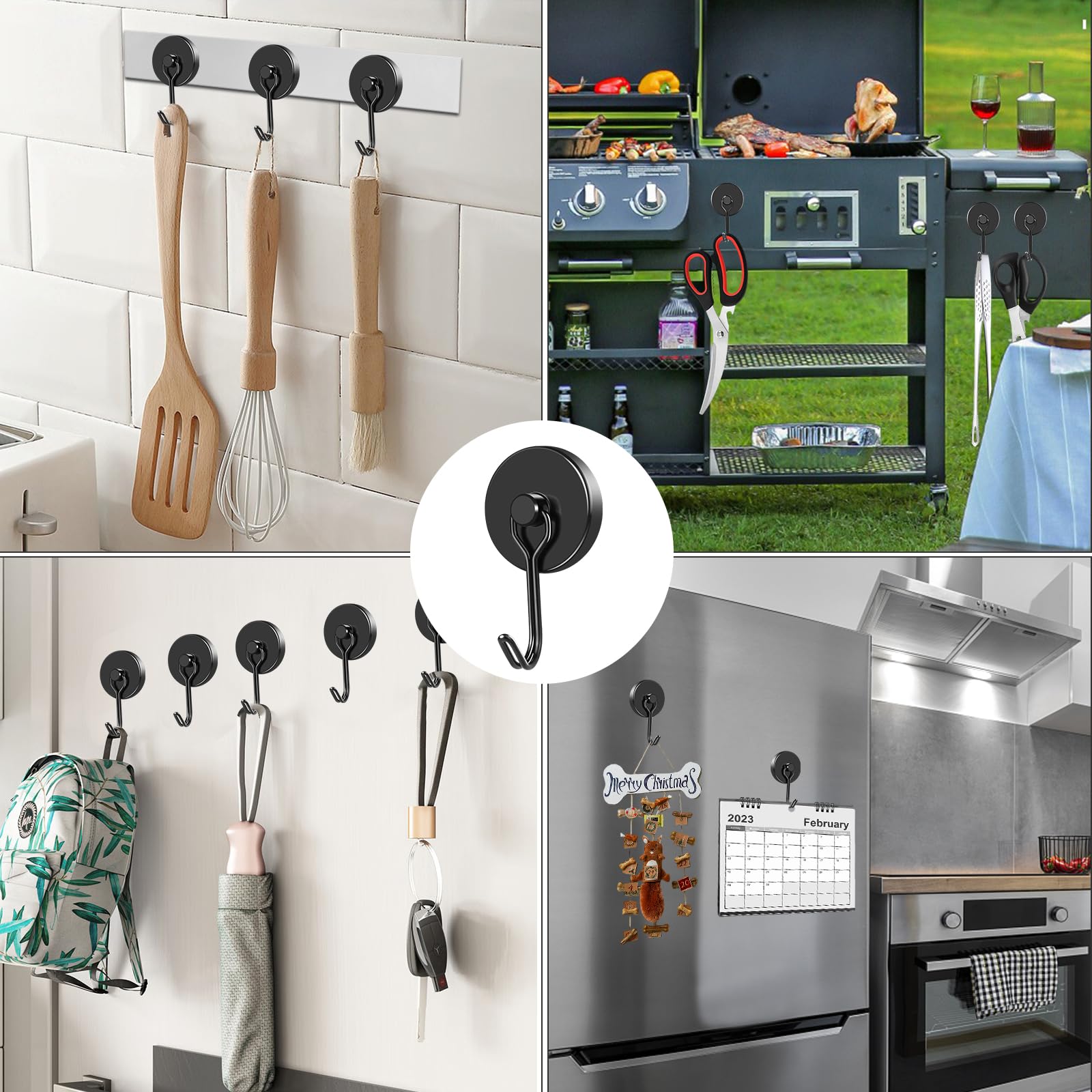 MIKEDE 110LB Heavy Duty Neodymium Magnetic Hooks - 6 Pack Strong Swivel Rustproof Black Magnet Hooks for Fridge, Garage, Cruise, Indoor & Outdoor Hanging - Perfect for Organizing Kitchen, Workshop, RV and Metal Surfaces
