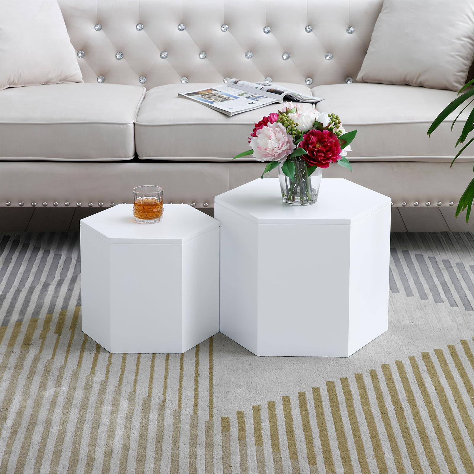 Hexagonal Nesting Coffee Table Set of 2 - White Wooden Side Tables for Small Spaces, Modern Living Room Furniture - Perfect for Apartments, Dorms & Cozy Home Decor