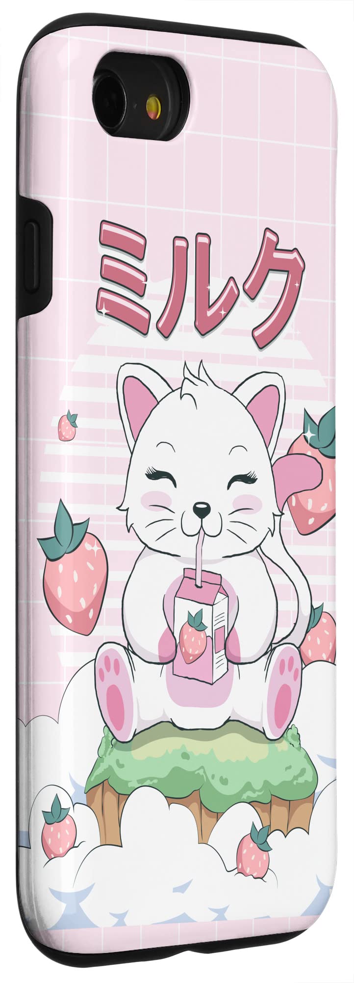 Cute Kawaii Cat Strawberry Milk Carton Phone Case for iPhone SE (2020) / 7 / 8 - Japanese Style Aesthetic Protective Cover - Perfect for School, Work & Everyday Use