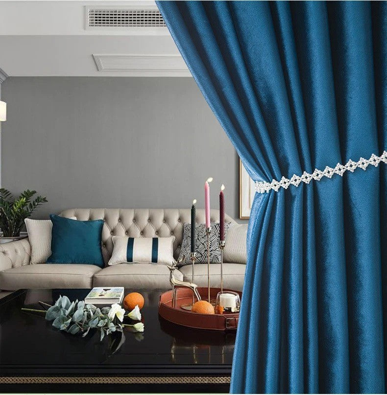 Luxury Plain Italian Velvet Curtains - Soft Thermal Insulated Drapes for Living Room & Bedroom (Blue) | Elegant Window Treatment for Home Decor & Blackout Curtains