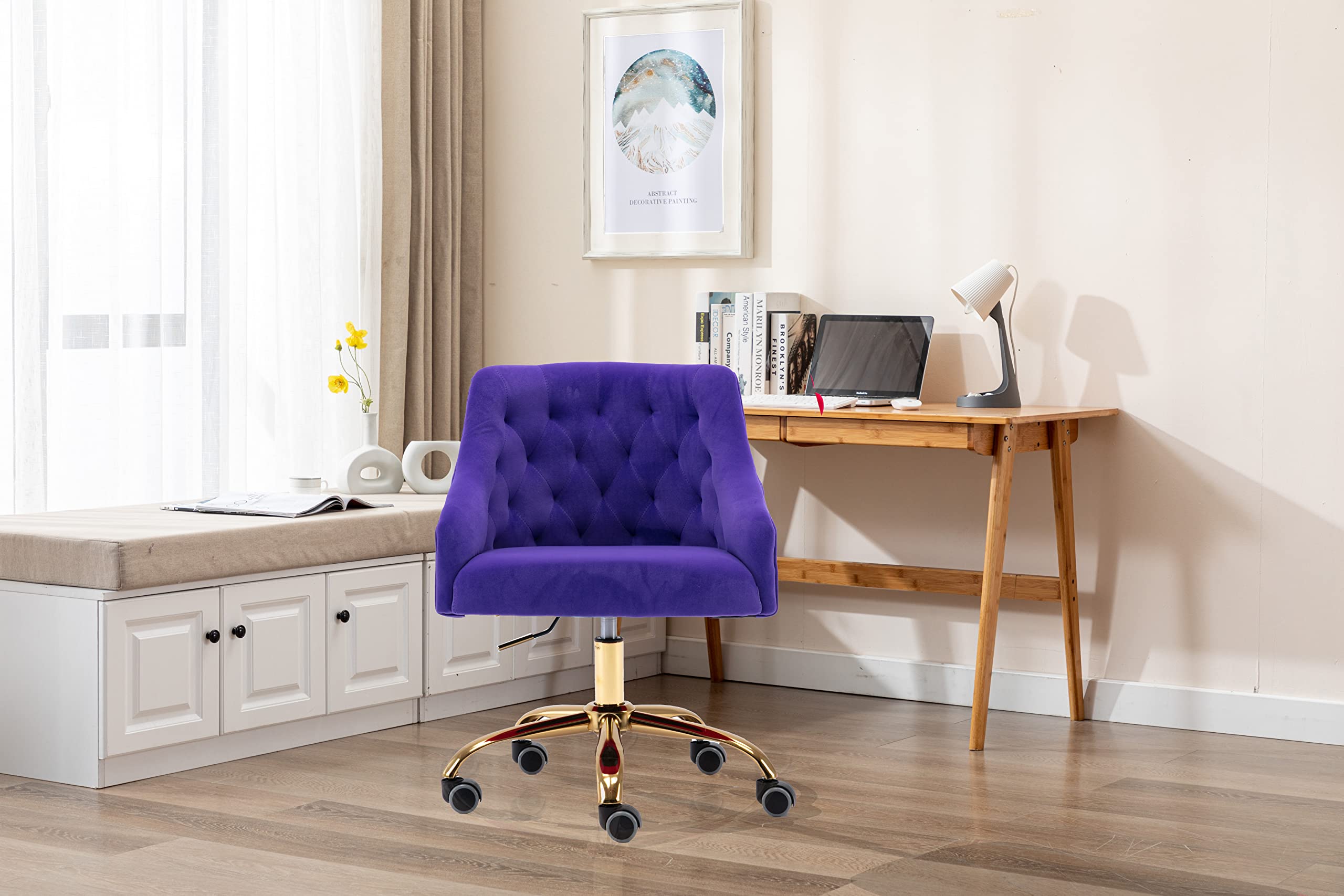 Ergonomic Velvet Swivel Office Chair with Wheels & Height Adjustment - Modern Home Desk Chair for Work, Study, Makeup Vanity - Perfect for Living Room, Bedroom & Home Office (Purple)