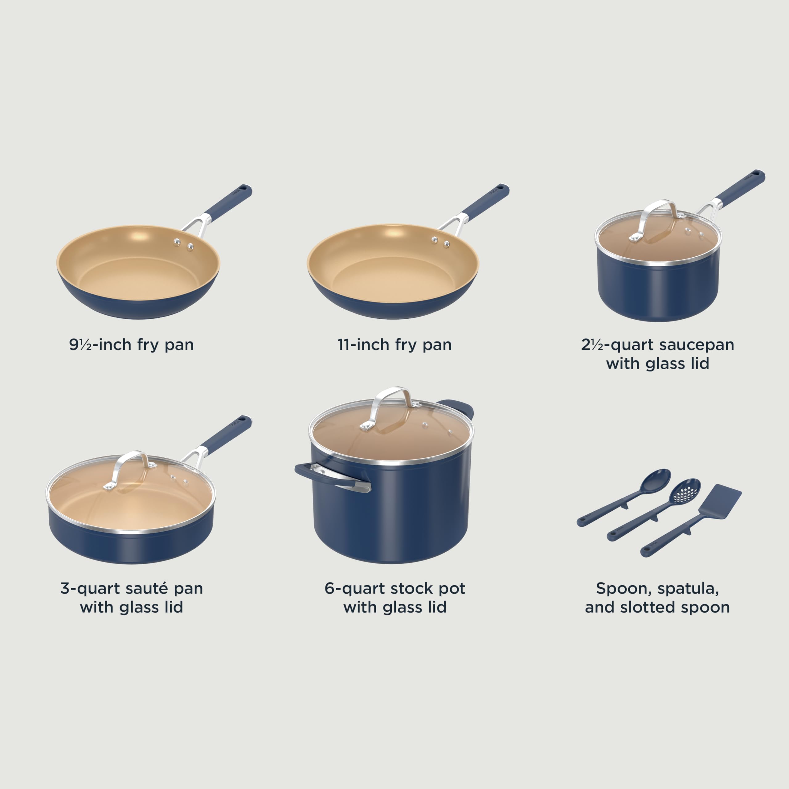Ninja Ceramic Nonstick Cookware Set - 11-Piece PTFE-Free Kitchen Pots & Pans with Comfort Grip, Oven & Dishwasher Safe, Stovetop Compatible (Navy Blue, CW49011) - Perfect for Healthy Cooking, Frying, Boiling & Baking