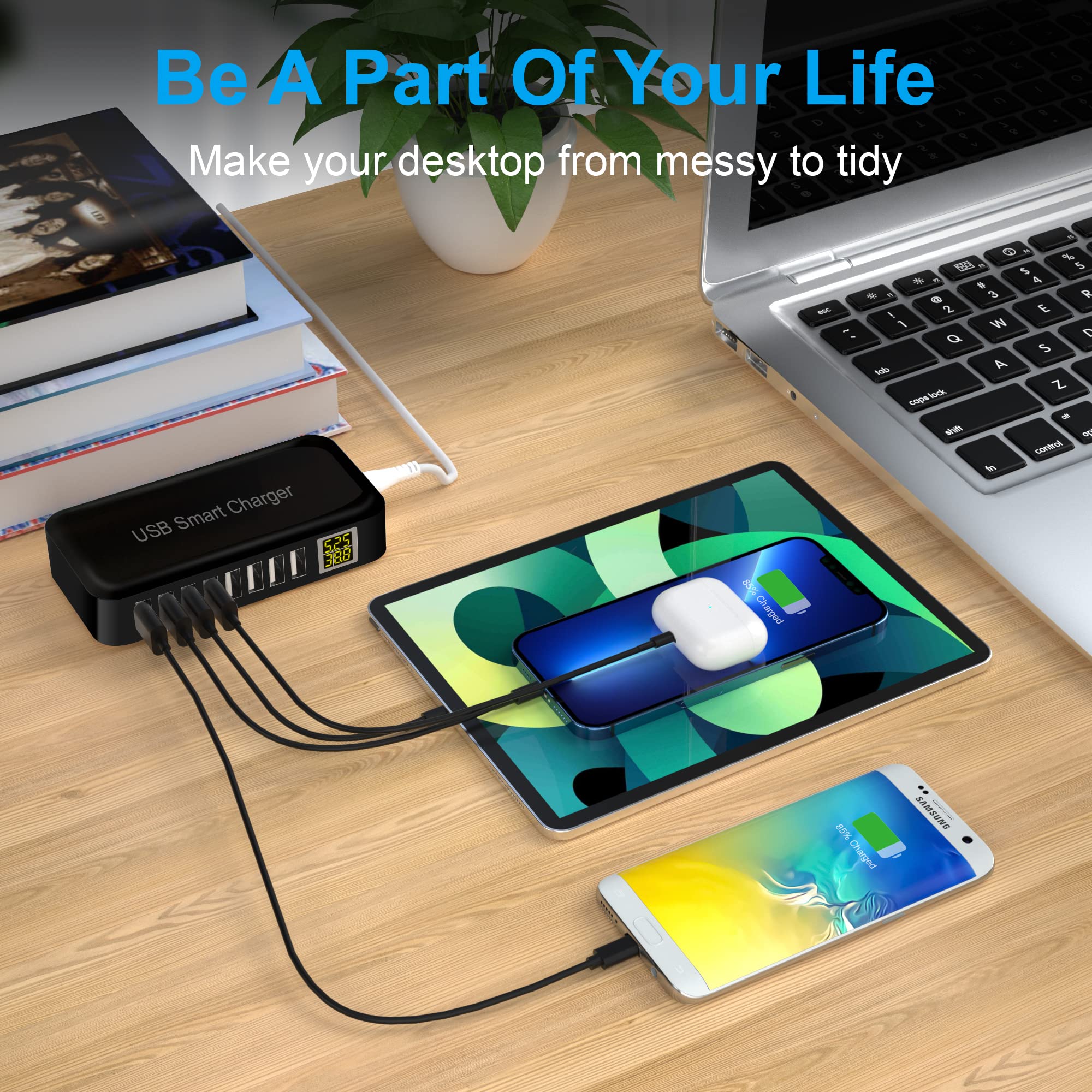 8-Port USB Charging Station with LED Display - Fast Multi USB Wall Charger Hub for iPhone 15/14/13 Pro Max/12/11/Xs/8/Plus, iPad, Samsung Galaxy S21/S20, Pixel 6 - Perfect for Home, Office & Travel Charging Needs