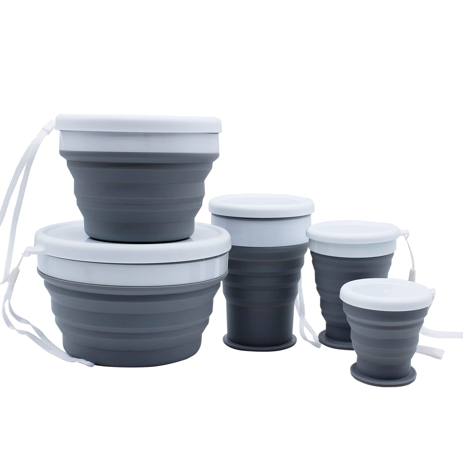 MagicOrange 5-Piece Collapsible Silicone Food Storage Containers Set with Lids - Microwave, Dishwasher & Freezer Safe - Space Saving for Camping, Hiking, Picnics & Meal Prep (Grey)