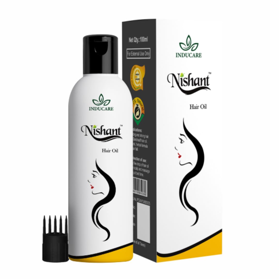 Inducare Nishant Hair Oil for Gray Hair Prevention, Hair Fall Control & Dandruff Treatment | Promotes Long & Strong Hair Growth | Enriched with Bhringraj & Aloe Vera (Kumari) | Scalp Nourishment & Hair Care Solution | 100ml | Perfect for Daily Hair Care Routine & Natural Gray Hair Management