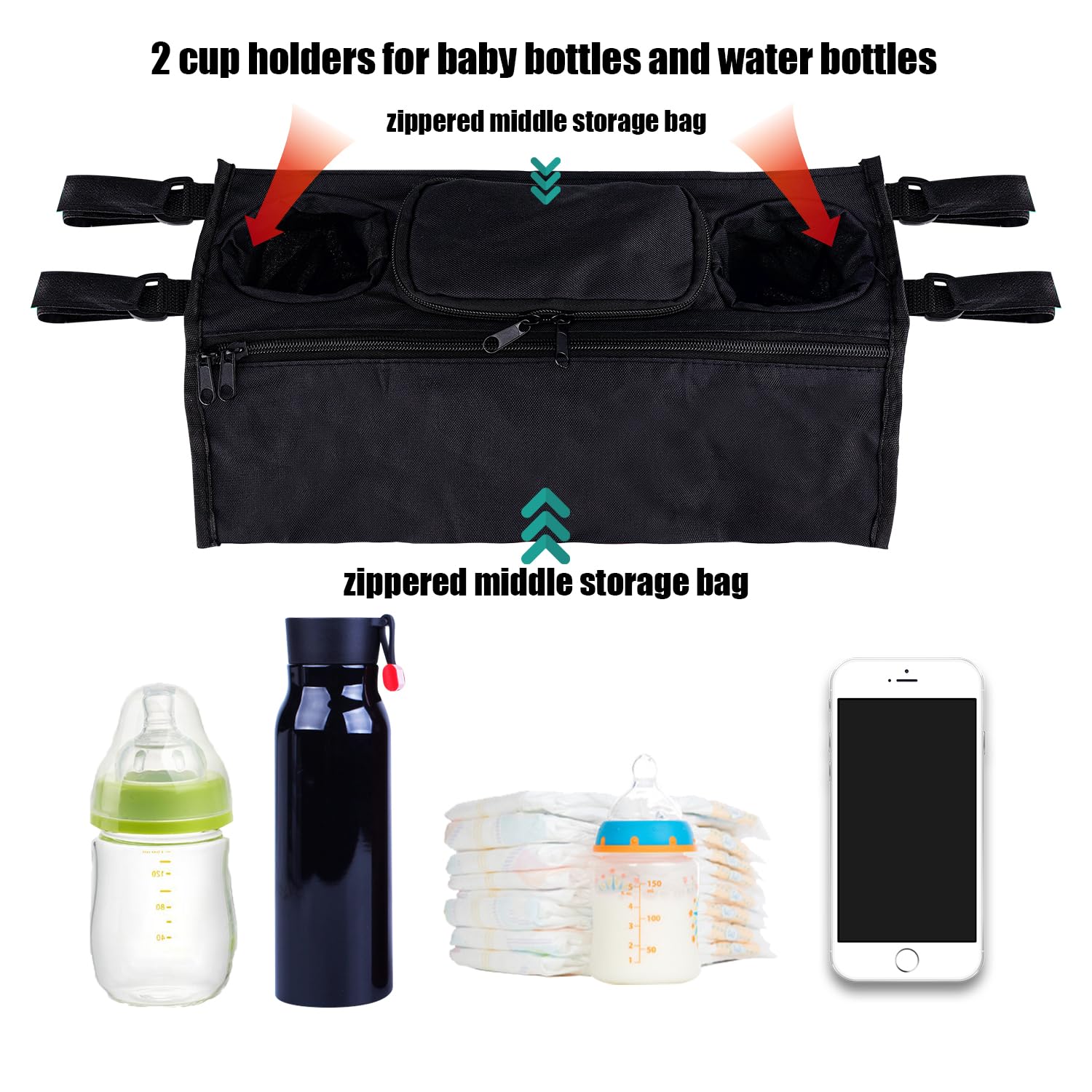 Wonderfold & Jeep Wagon Stroller Organizer with Cup Holders - Anti-Slip Baby Stroller Accessories with 2 Zippered Pockets, Adjustable Straps & Hooks - Perfect for Diaper Bags, Snacks & Drinks on Walks, Park Visits & Shopping Trips