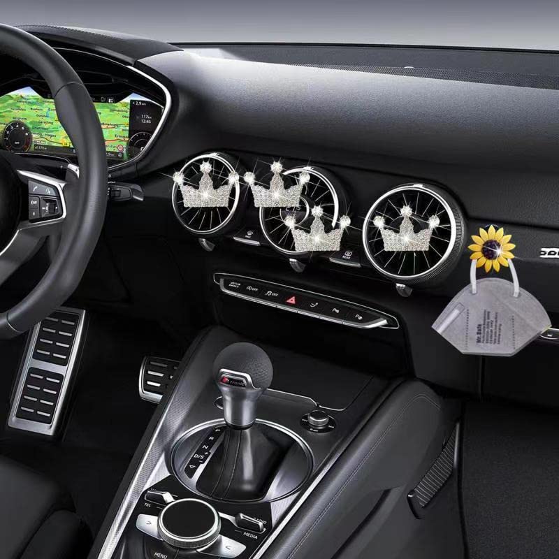 4PCS Bling Crown Car Air Vent Clips - Elegant Car Air Freshener & Diffuser with Sunflower Mask Hook - Cute Car Interior Decor for Women - Perfect for Daily Commute, Road Trips & Gift Giving
