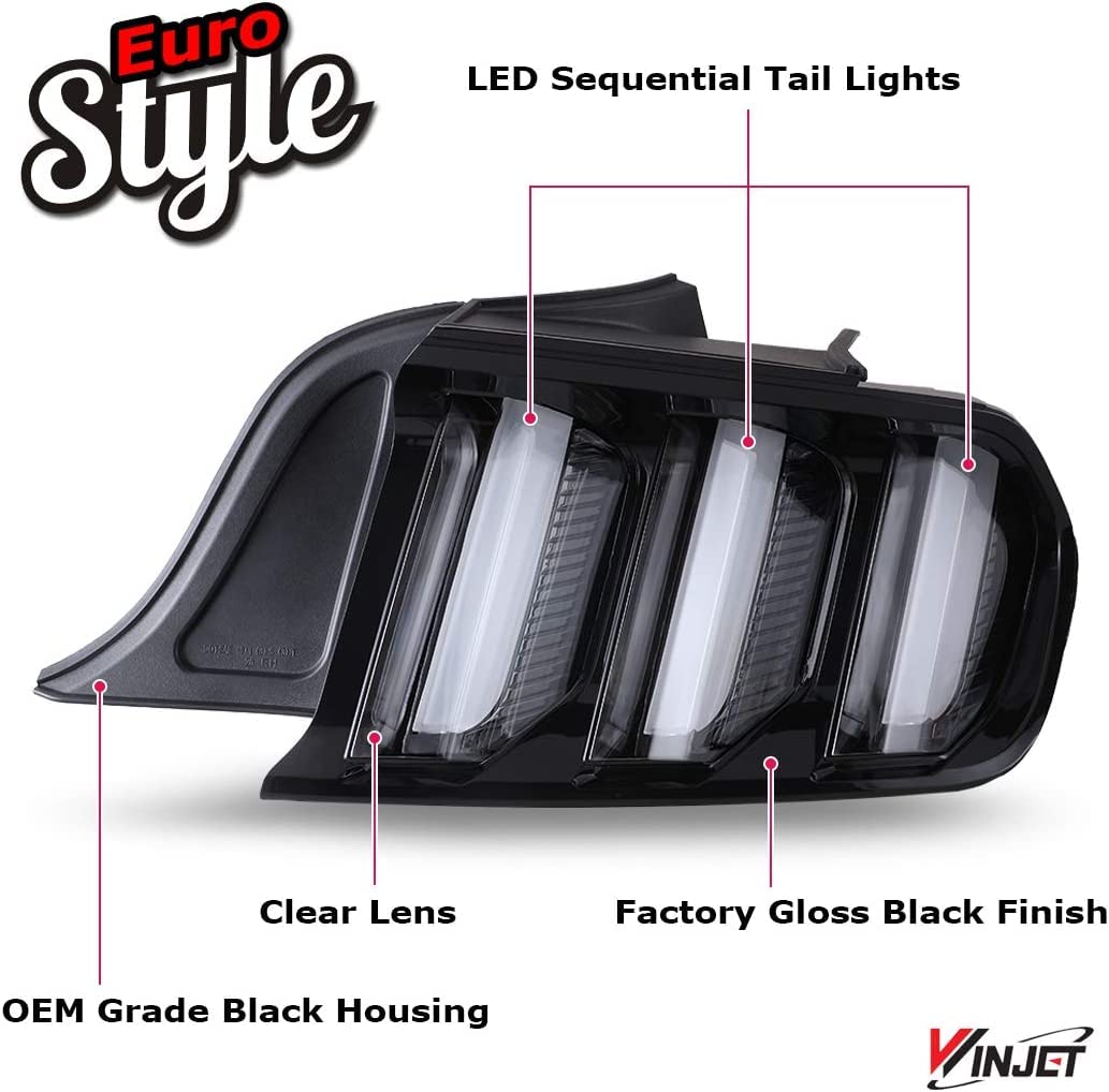 Winjet Euro Style LED Tail Lights Assembly for 2015-2022 Ford Mustang - Sequential Dynamic Turn Signals & Running Lights, Smoke Lens (1 Pair) - Upgrade Your Mustang's Rear Style for Night Driving & Car Shows
