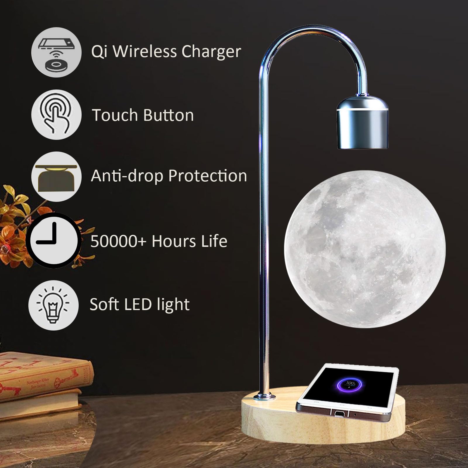 Levitating Moon Lamp with Wireless Charger - Floating LED Night Light for Apple & Android - Magnetic Levitation 3D Desk Lamp for Home Office Decor, Unique Christmas Gift - Perfect for Bedroom, Nursery & Romantic Ambiance