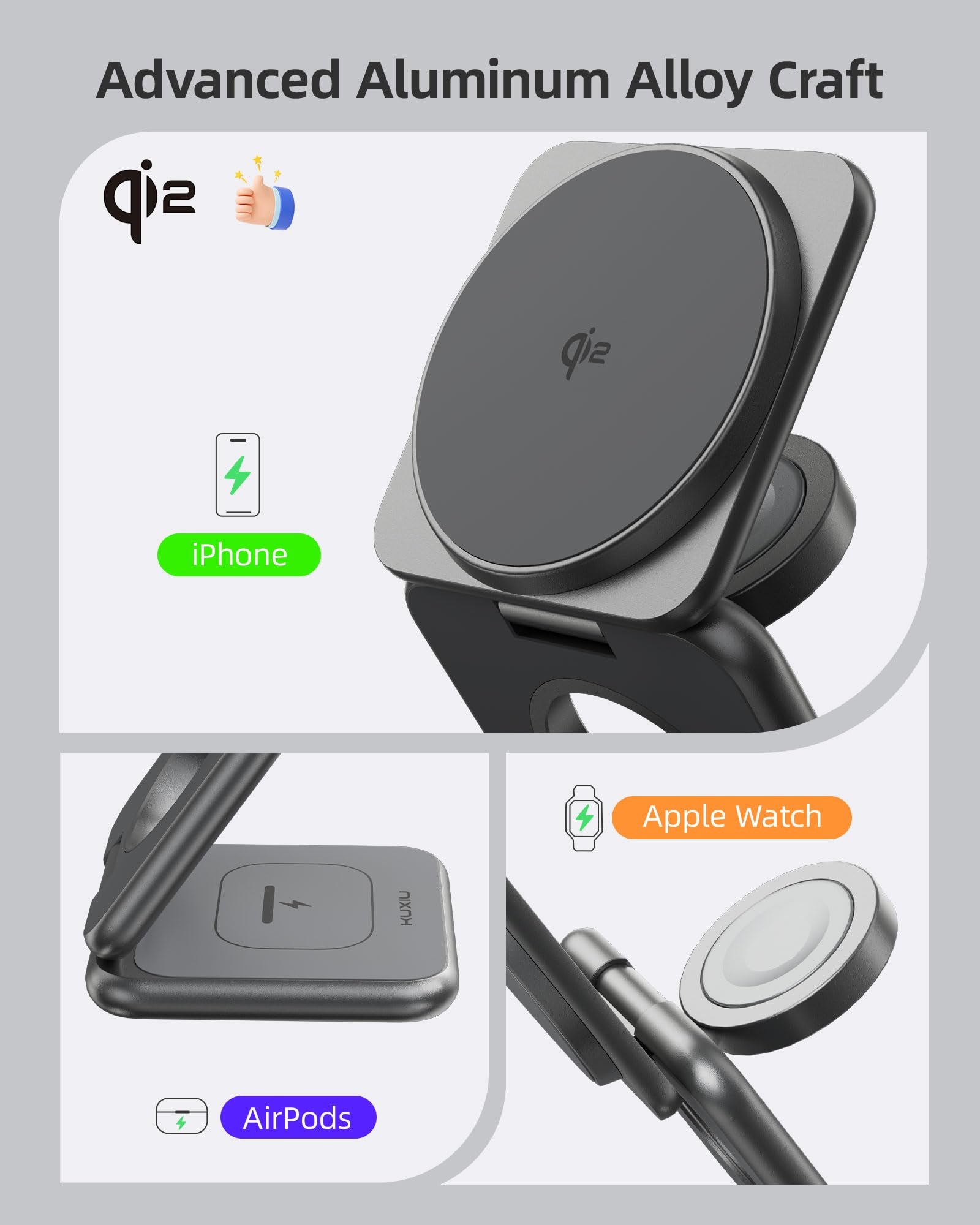 Foldable 3-in-1 Magnetic Wireless Charging Station - Qi2 Certified 15W Fast Charger for iPhone 16/15/14, 5W for Apple Watch & AirPods - Includes 45W PD Adapter - Aluminum Alloy Travel Charger (Gray) | Perfect for Home, Office & Travel Use
