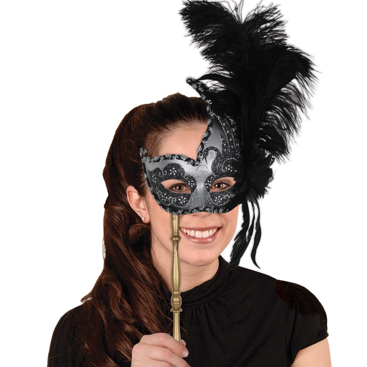 12 Pack Beistle Feathered Mardi Gras Masks with Sticks - Colorful Carnival Costume Accessories for Party, Halloween, and Festive Celebrations