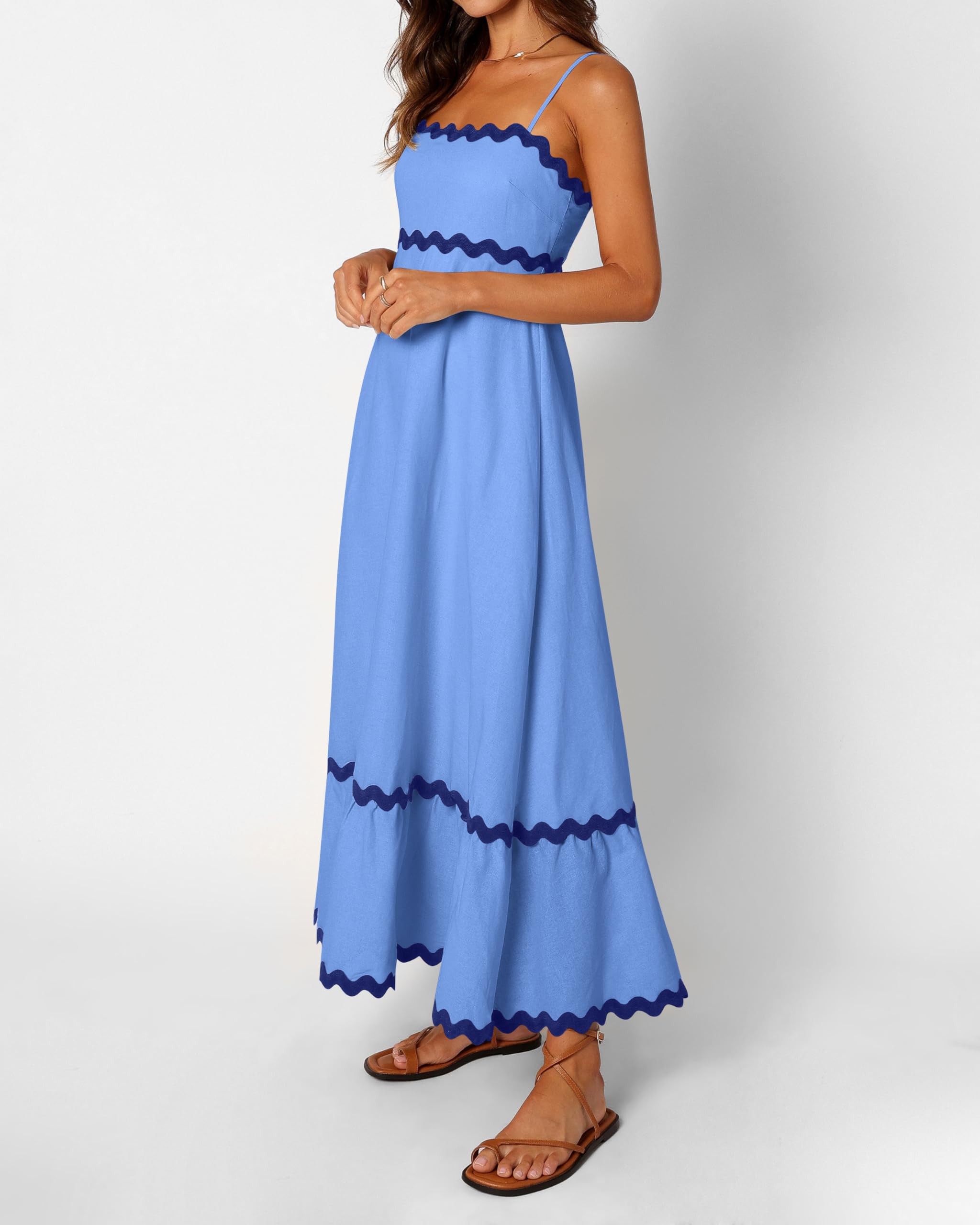 Dowerme Women's Summer Dresses 2025 - Spaghetti Strap Sleeveless Boho Flowy Midi Dress with Smocked Waist & Rickrack Trim | Perfect for Beach Vacation, Date Night & Casual Outings