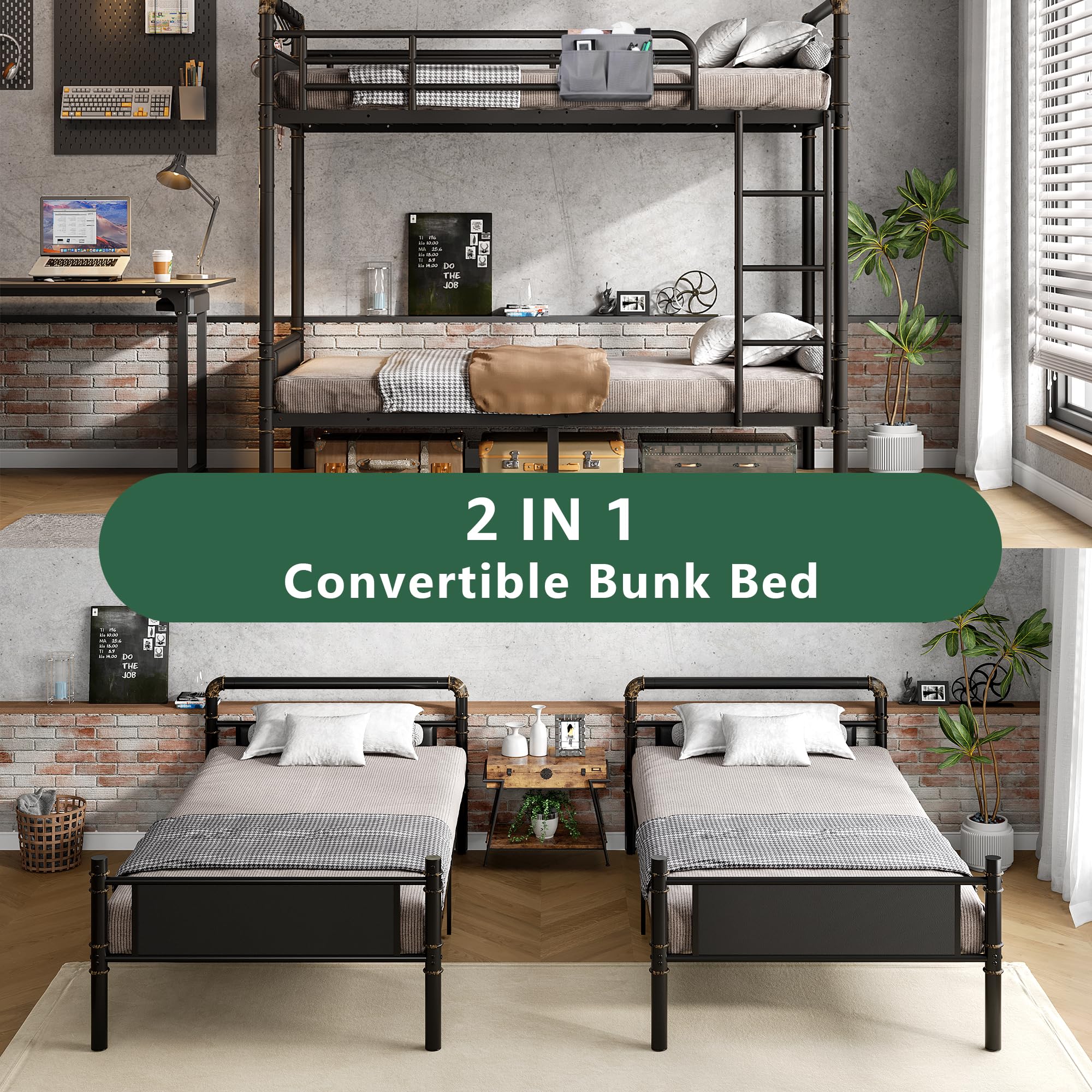 Industrial Metal Bunk Bed Twin Over Twin - Heavy Duty Steel Bunkbeds with Safety Guard Rails | Space-Saving Design for Small Bedrooms, Dorms & Kids Rooms | Black Leather Finish
