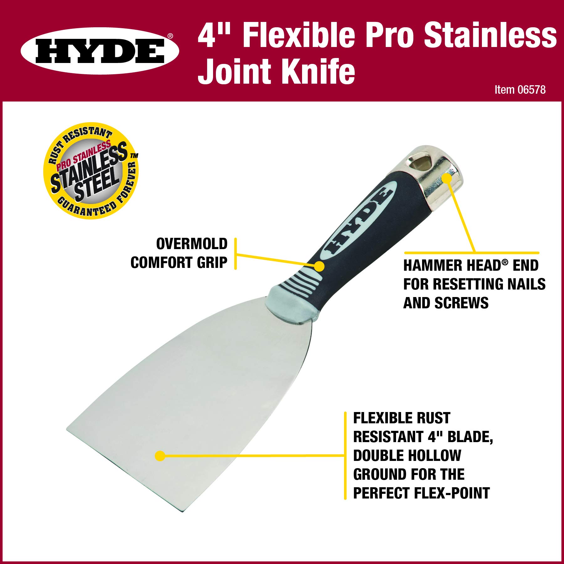 HYDE 06578 Flexible 4-Inch Putty Knife - Premium Stainless Steel Blade for Drywall, Spackling, and Paint Repair - Perfect for DIY Home Improvement and Professional Use