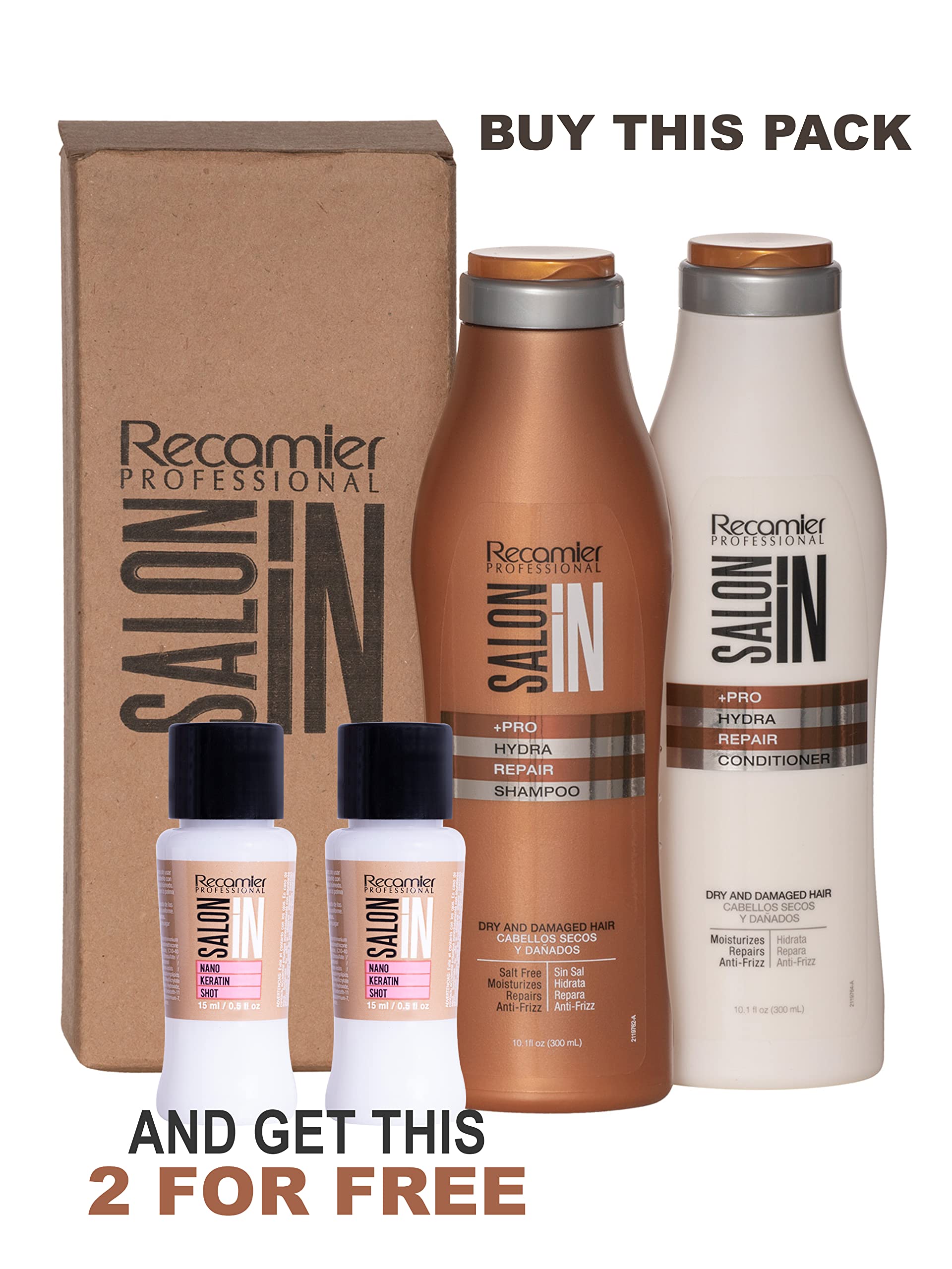 RECAMIER Salt-Free Shampoo & Ultra Hydrating Conditioner Set - Repairing Hair Treatment with 2 Nano Keratin Shots (10.1oz) | For Damaged, Dry & Frizzy Hair | Salon-Quality At-Home Hair Care