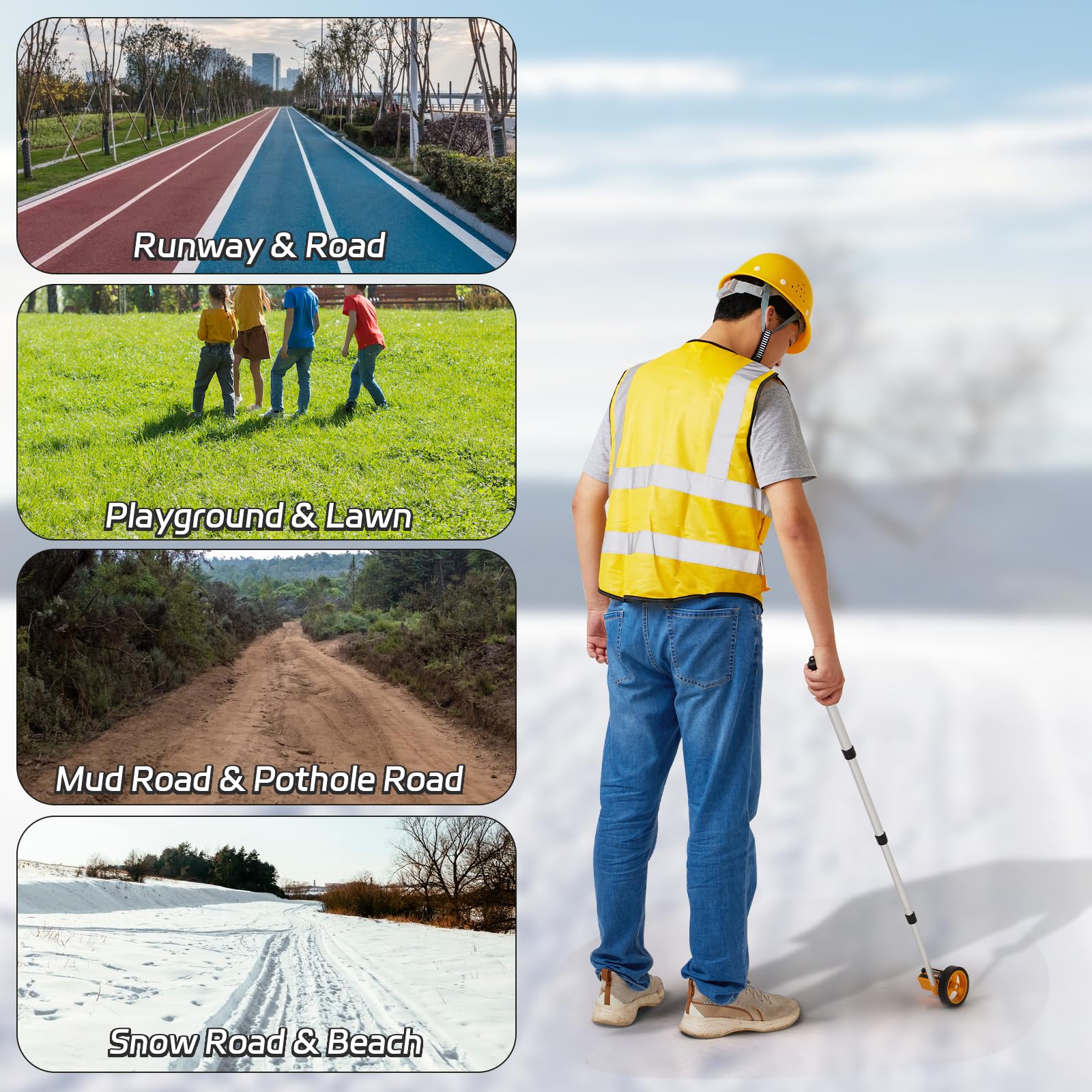 Digital Measuring Wheel in Feet - 4 Inch Construction Measuring Wheel with Tape Measure & Level Ruler | One-Key Reset up to 9999Ft | Perfect for Land Surveying, Road Construction & DIY Home Projects