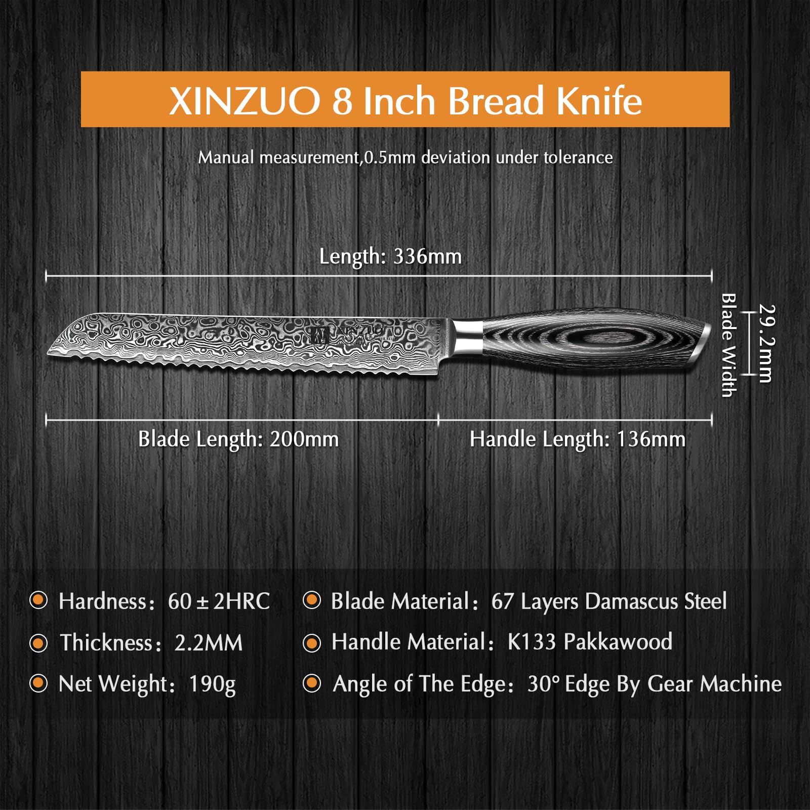 XINZUO 8 Inch Bread Knife - High Carbon 67 Layer Japanese VG10 Damascus Steel Chef Knife with Pakkawood Handle - Professional Kitchen Knife for Slicing Bread, Cake & Pastry - Perfect for Home Chefs & Bakeries