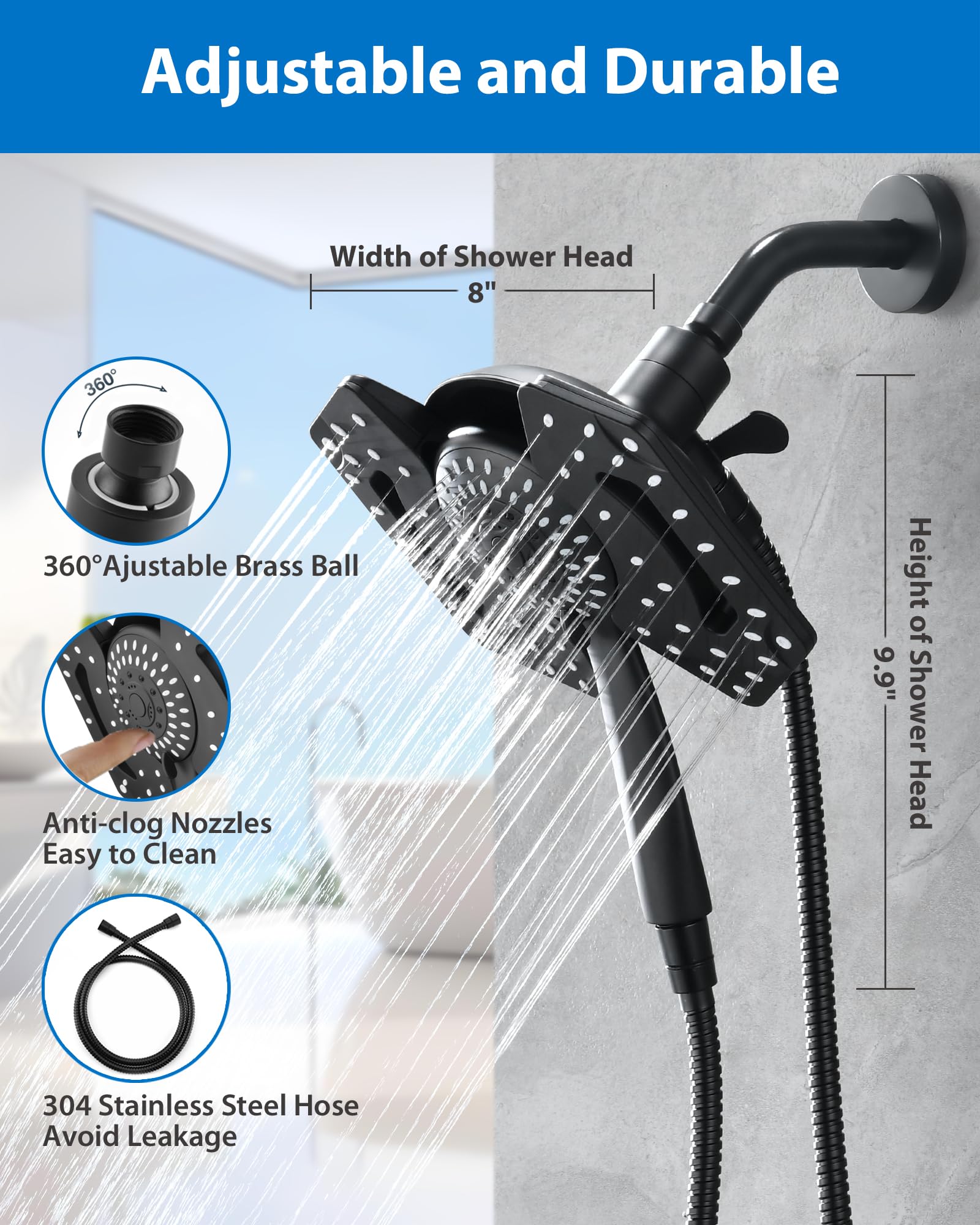 2-in-1 High Pressure Black Shower Head with Handheld - Rainfall & Detachable Dual Shower Heads with 2.5GPM Hose - Perfect for Bathroom Renovation & Spa-Like Shower Experience