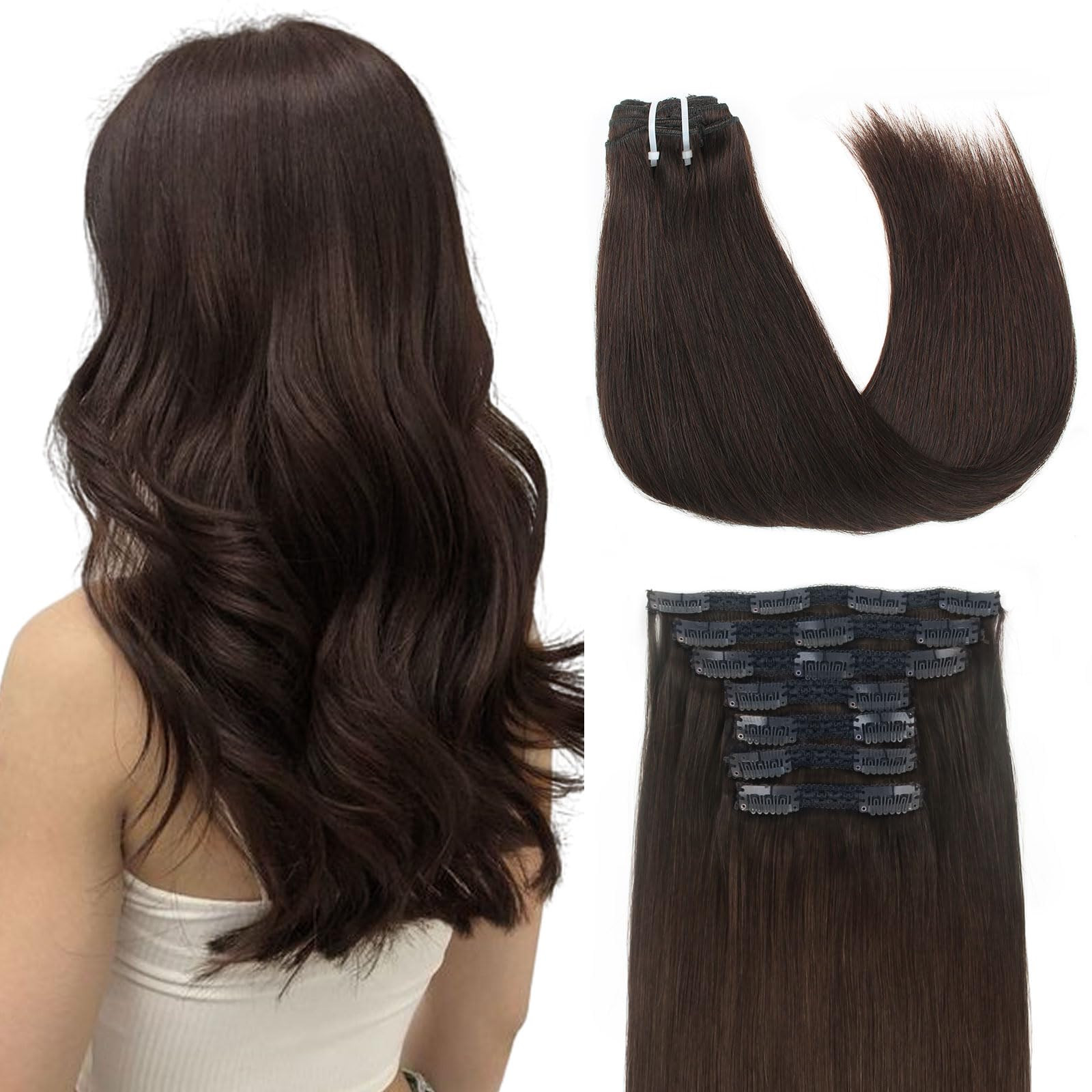 9A Grade Clip-In Human Hair Extensions - Darkest Brown Remy Straight Hair 20 Inch 120g (7pcs/18 Clips) for Women | Double Weft for Volume & Natural Look | Perfect for Daily Wear, Parties & Special Occasions