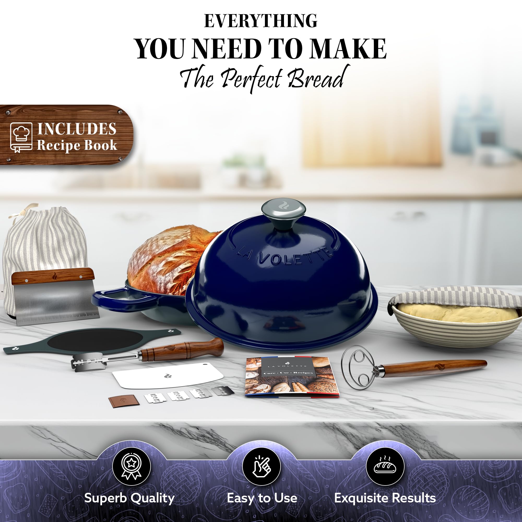 Premium 10 Inch Enameled Cast Iron Bread Baking Set with Lid – 9-Piece Dutch Oven Kit for Artisan Sourdough & Homemade Loaves | Includes Silicone Mat & Banneton | 6 Quart Blue Enameled Pot for Perfect Crust | Ideal for Home Bakers & Bread Making Enthusiasts
