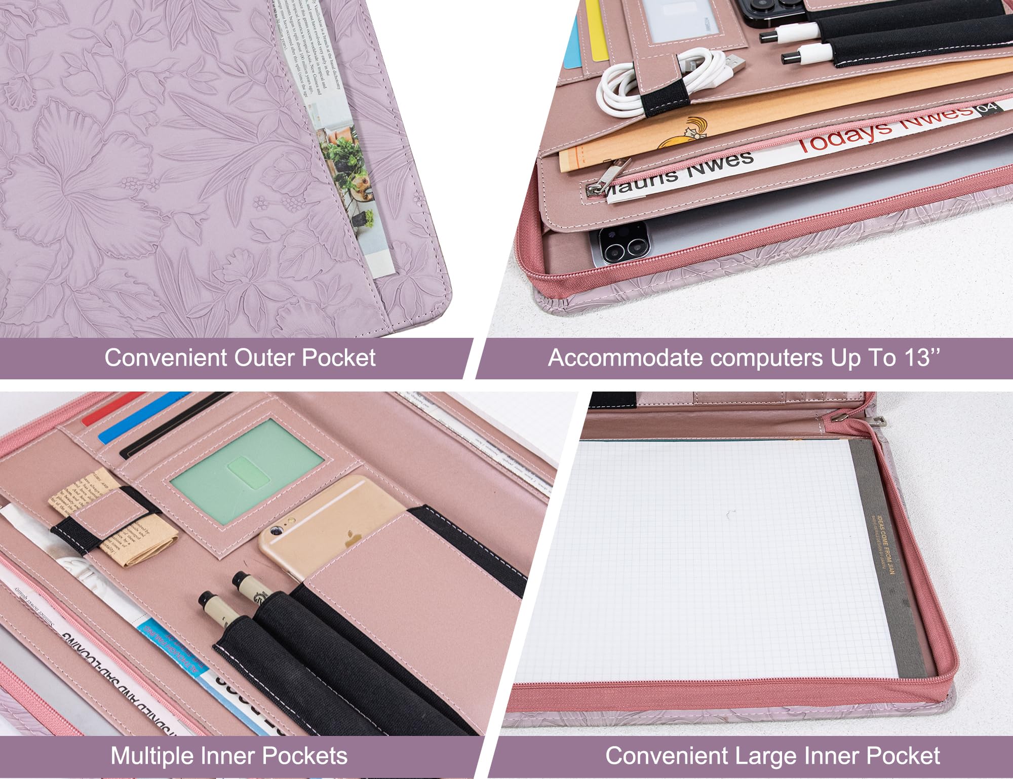 Professional AZXCG Leather Portfolio for Women - Embossed PU Leather Zipper Padfolio with A4 Notepad Holder, Business Document Organizer for Resume, Interview & Office Use (Purple) - Perfect for Meetings, Presentations & Job Interviews
