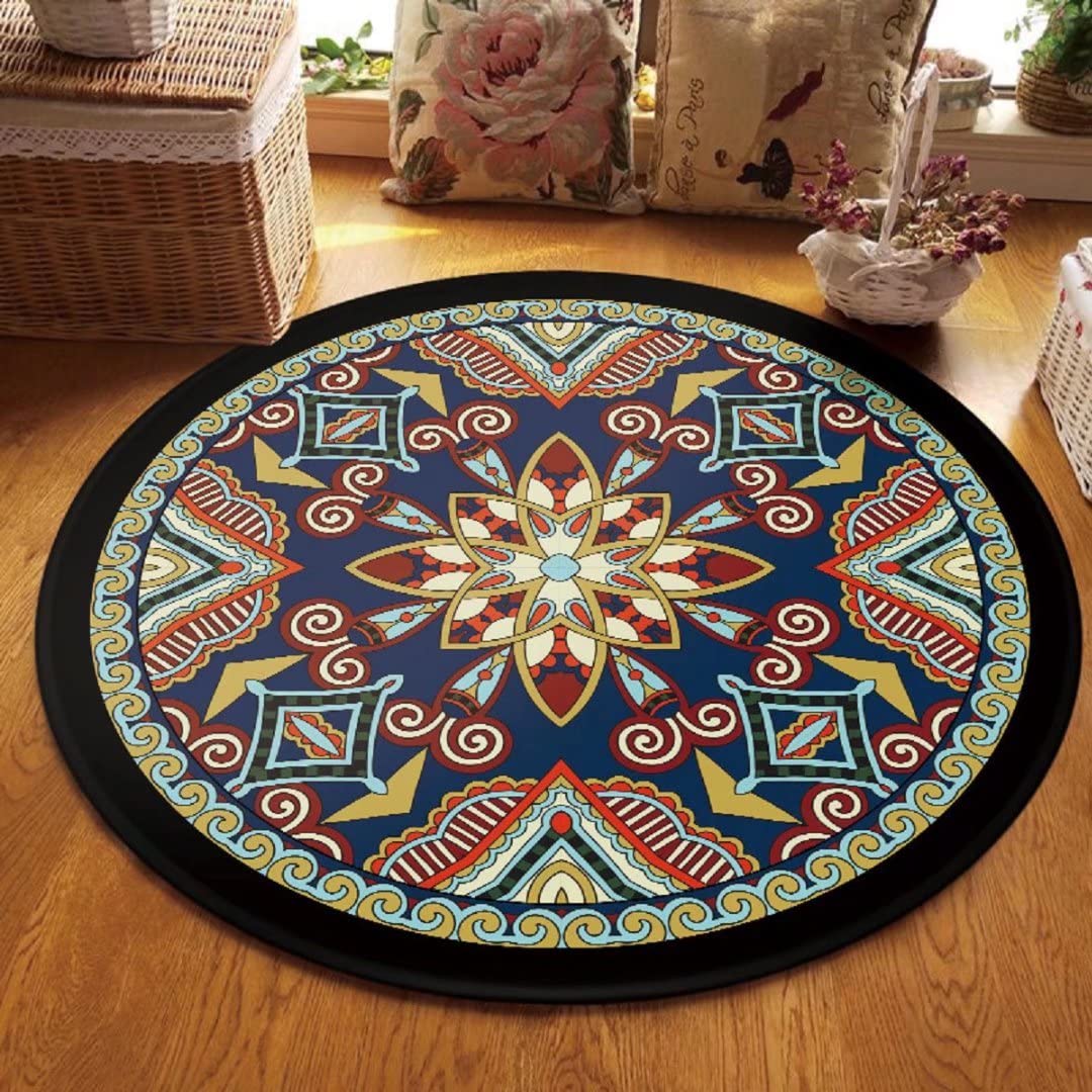 Boho Vintage Round Area Rug - Washable Bohemian Floor Mat for Bedroom, Kitchen & Living Room - 3' Diameter Circle Home Decor - Perfect for Boho Chic, Farmhouse & Modern Interior Design