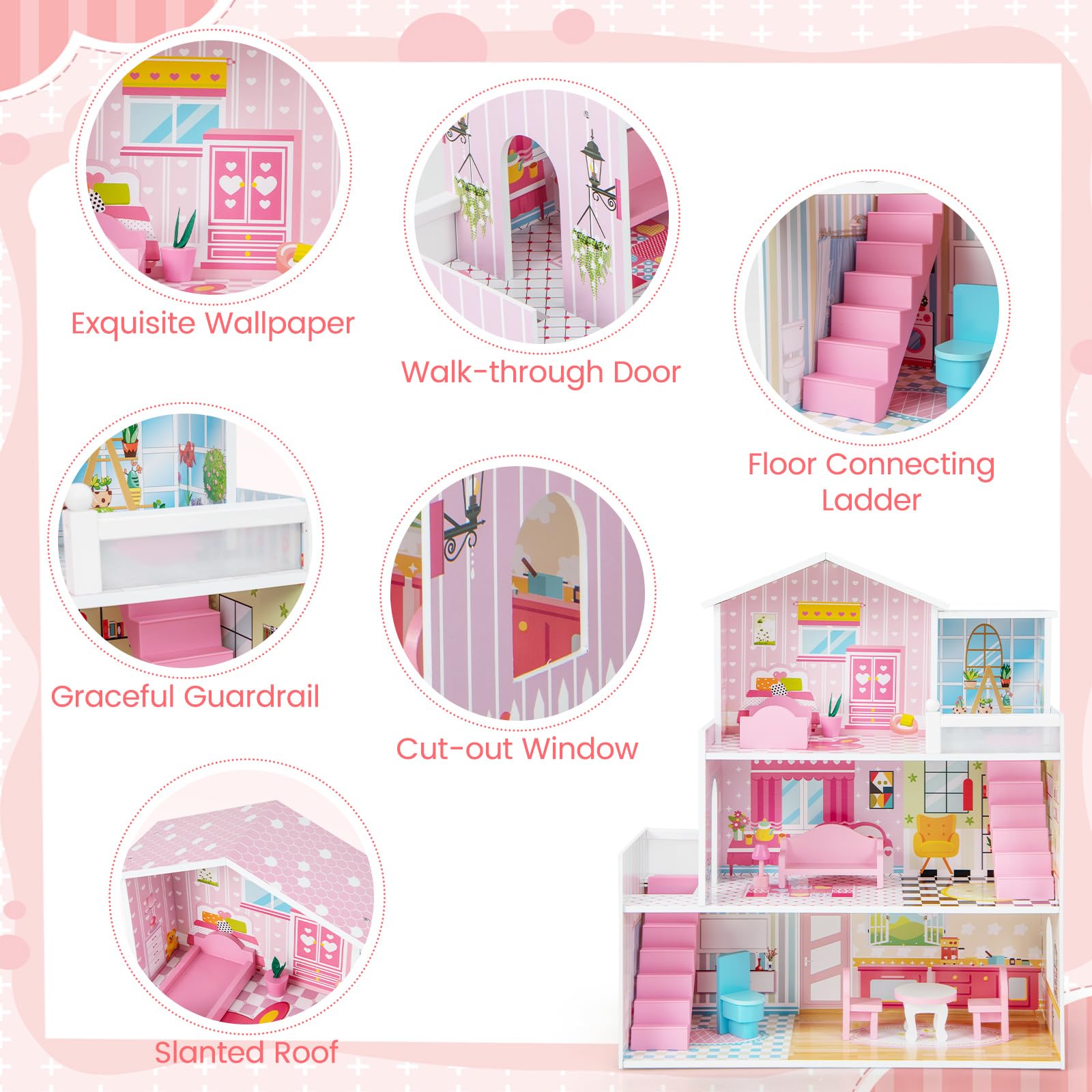 Costzon 3-Story Wooden Dollhouse for Kids - Semi-Open Design with 5 Rooms, 10-Piece Furniture Set, Ladders & Balcony | Preschool Learning Toy, DIY Pretend Play House for Girls & Boys Ages 3+ | Perfect for Birthday Gifts, Classroom Activities & Imaginative Play