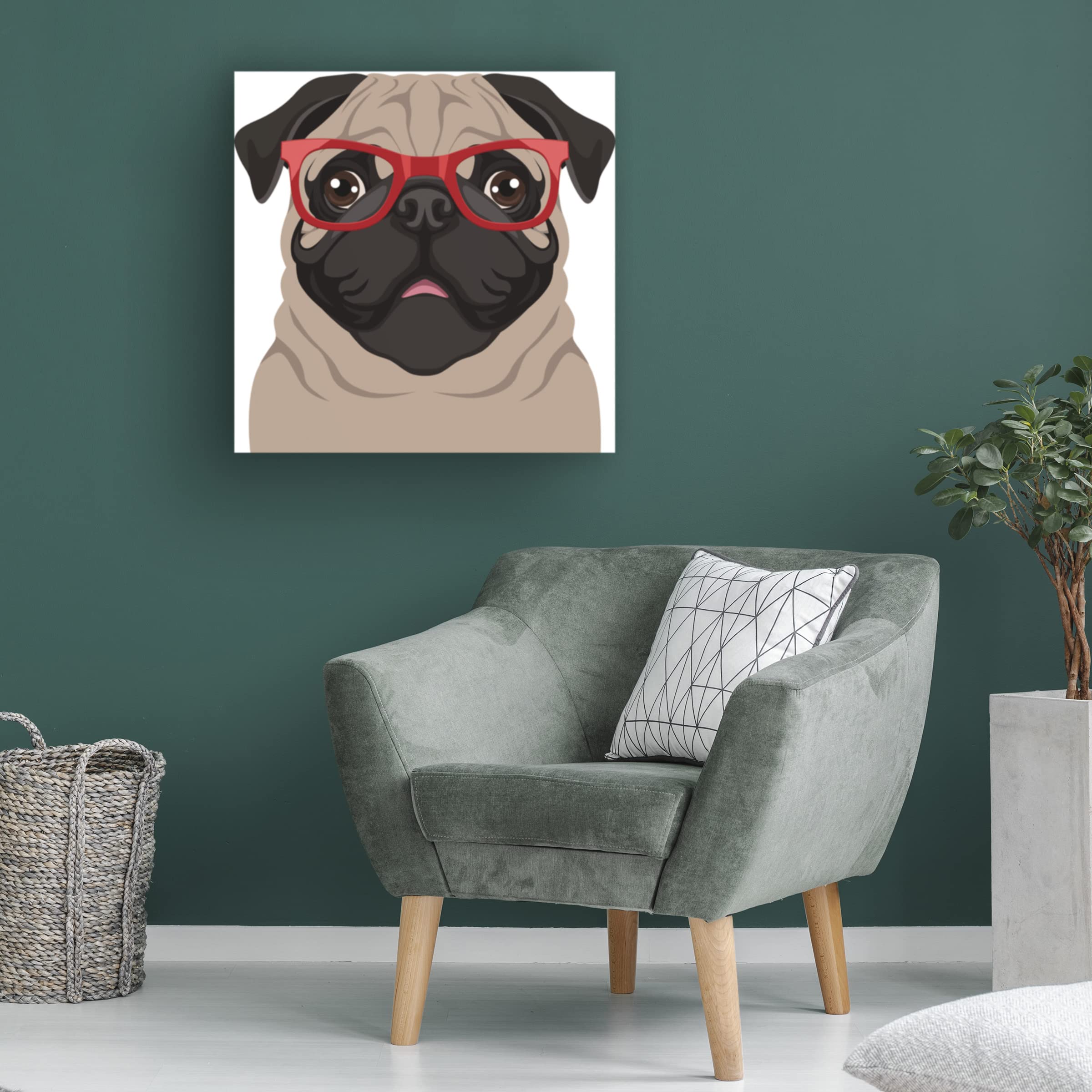 Pug Wearing Hipster Glasses Canvas Art Print - 6' Trendy Dog Wall Decor for Living Room, Bedroom & Office - Funny Animal Portrait by Trademark Fine Art