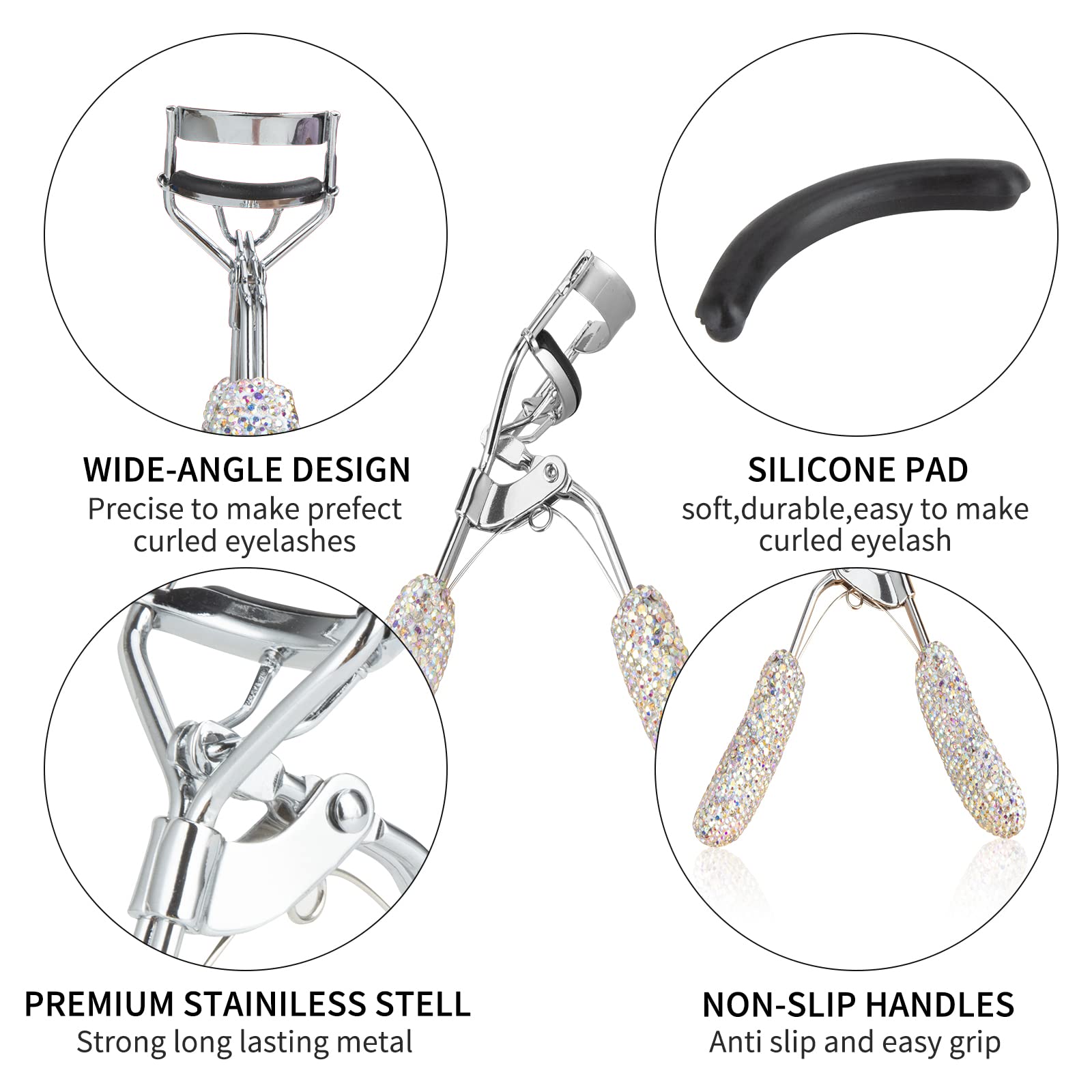 Bling Rhinestone Eyelash Curler - Stainless Steel Lash Curler for Natural & Long-Lasting Curves | Fits All Eye Shapes | AB Color | Perfect for Daily Makeup & Special Occasions