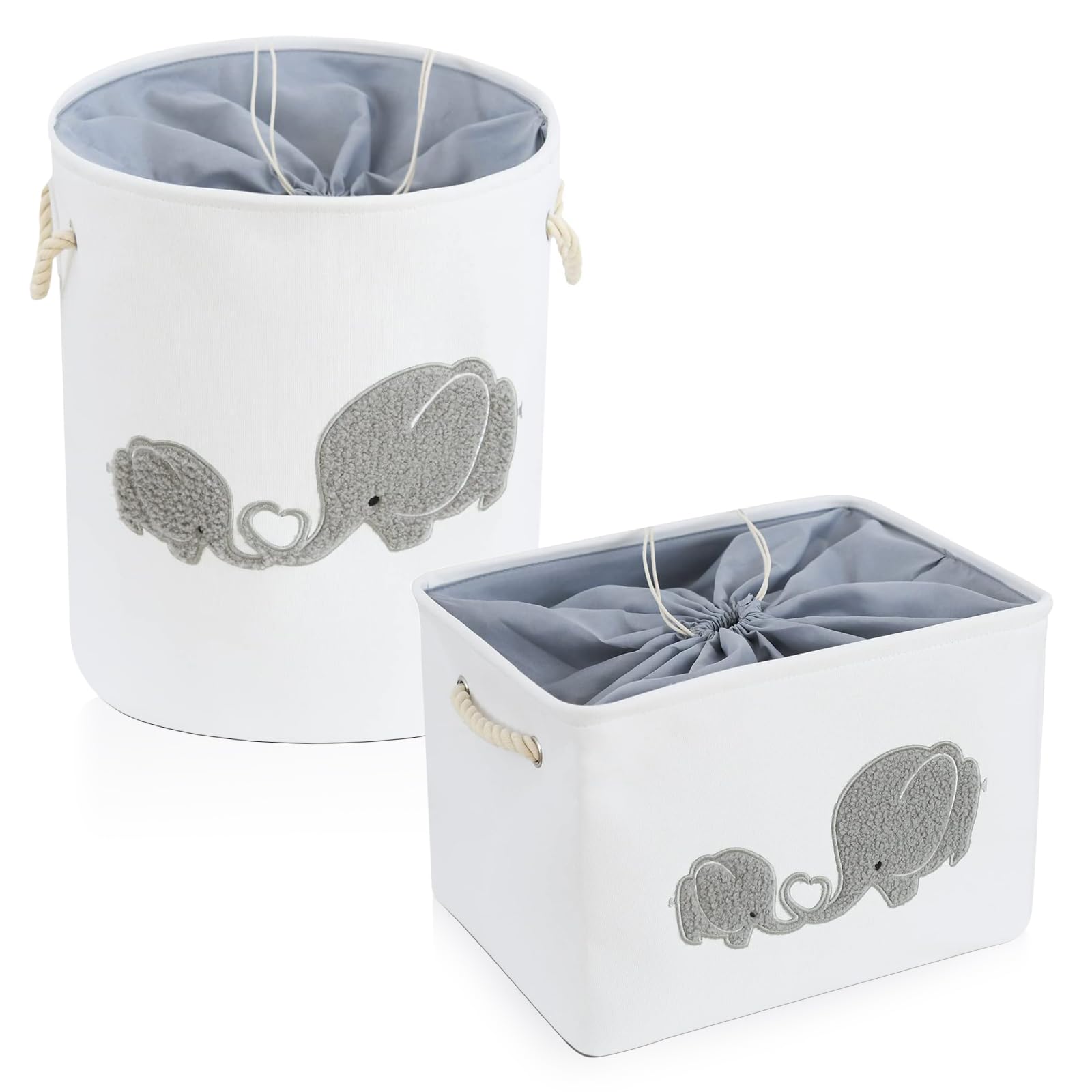INough 2-Pack Baby Storage Baskets & Laundry Hampers for Boys Nursery - Large Elephant Design Baby Clothes Organizer for Nursery Decor, Diaper Storage & Kids Room Organization