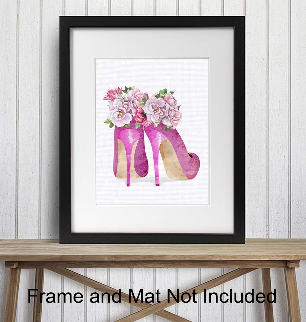 Glam Wall Decor - Fashion Wall Art Poster for Women & Girls - High Fashionista Luxury Print - Pink Couture High Heel Shoes - Perfect for Bedroom & Living Room Decoration